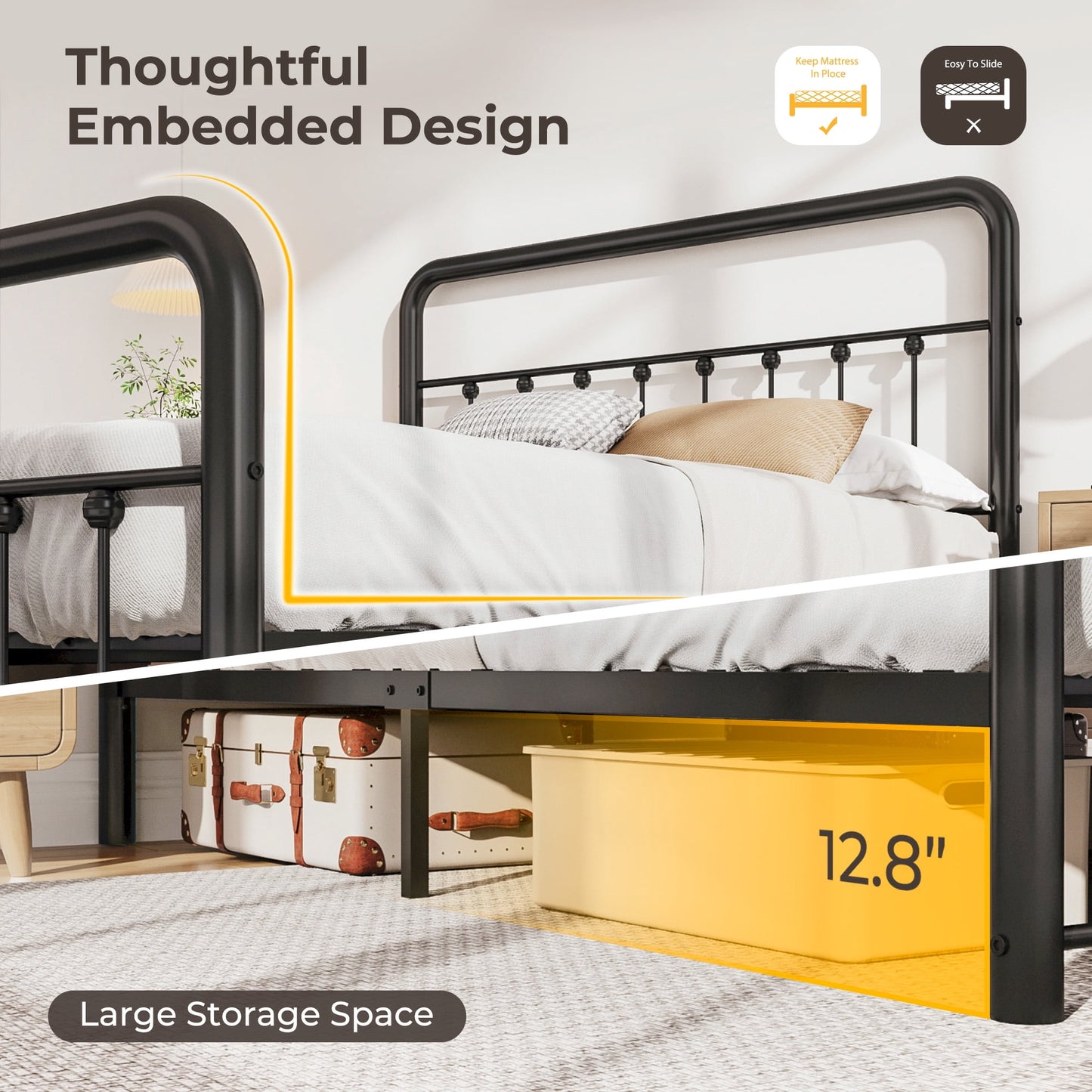 Lifezone Queen Bed Frame, Classic Metal Platform Bed Frame, with Charging Station and LED, No Need for Springs, Modern Black