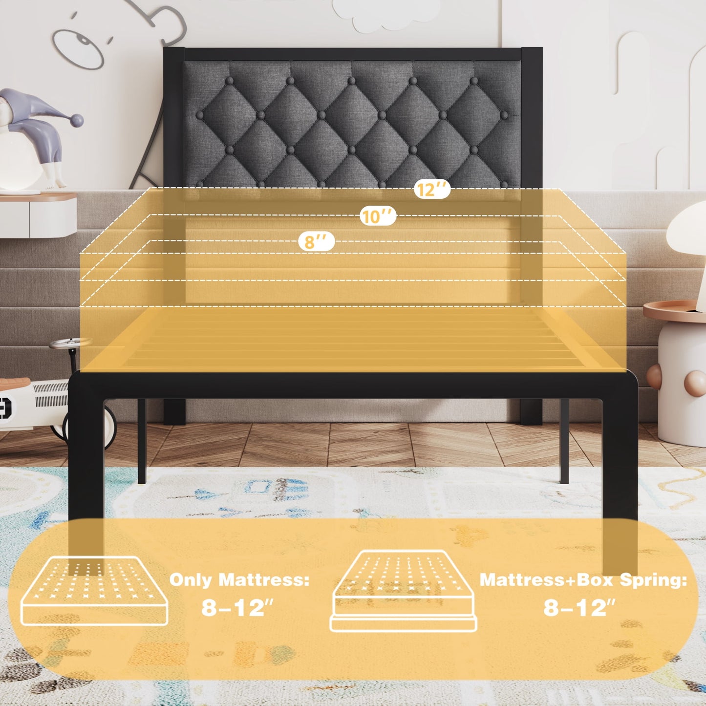 Lifezone Bed Frame with Linen Upholstered Headboard, Twin, Metal Support, No Box Spring Needed, Noise Free, Under Bed Storage, Easy Assembly, Grey