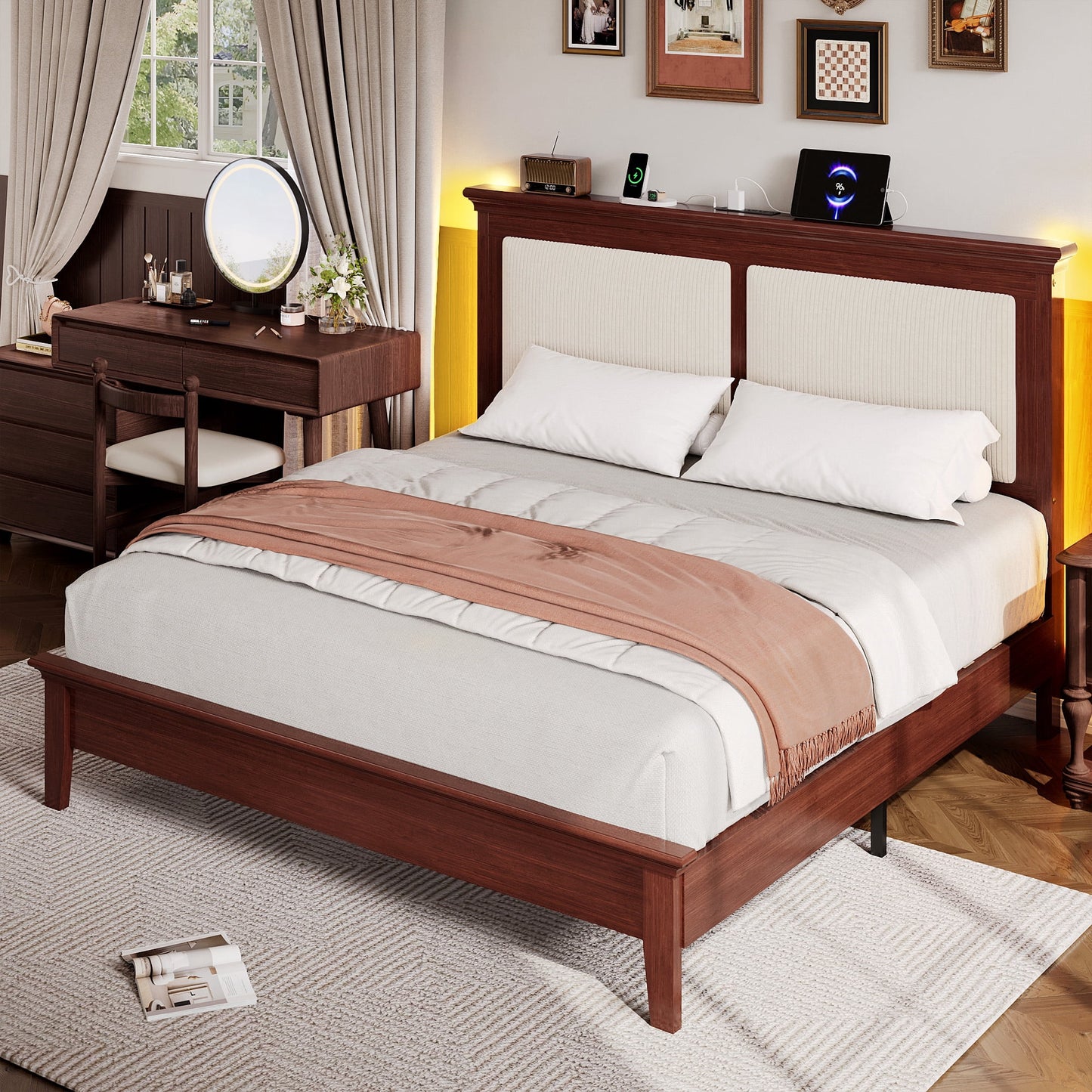 Lifezone Queen Solid Wood Platform Bed Frame, White Vertical Striped Upholstered Headboard with LED Light, Noise-Free, Reddish Brown