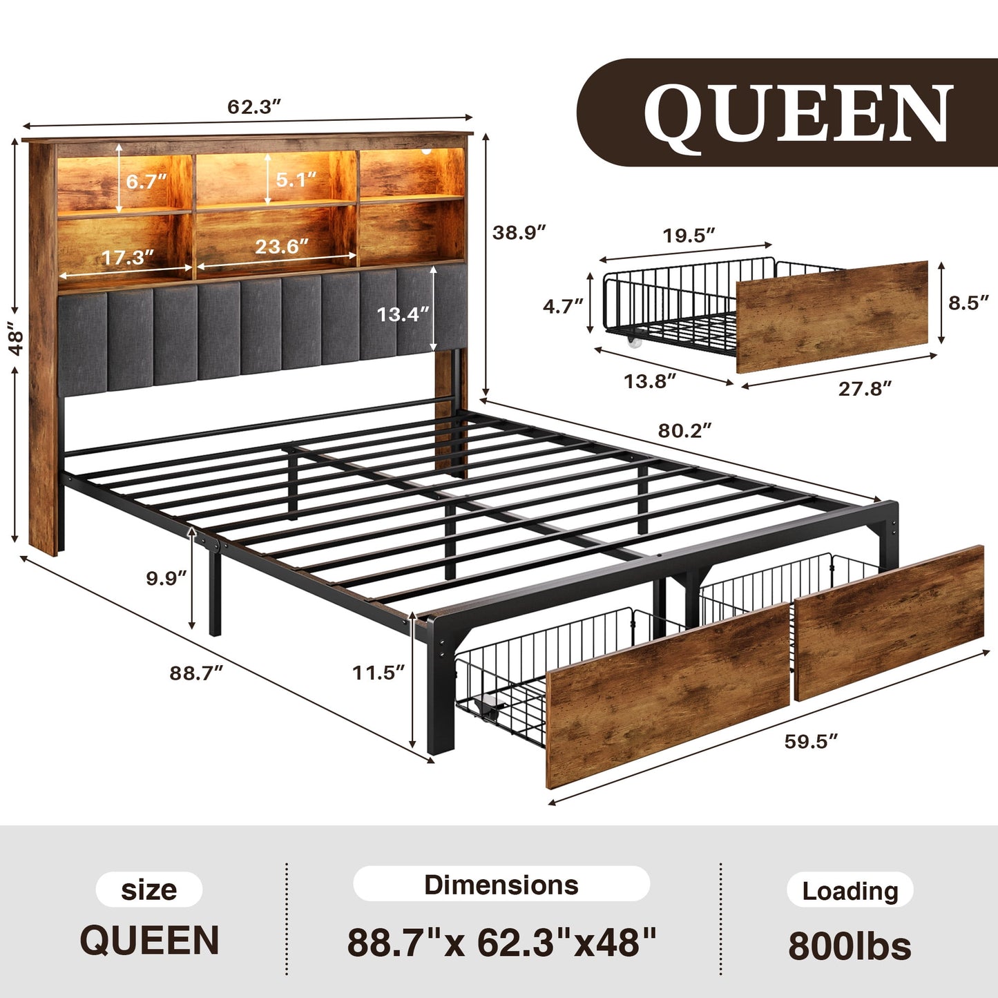 Lifezone Queen Storage Bed Frame with 2 Drawers, Bookcase Headboard & Charging Station, No Box Spring Needed, Rustic Brown