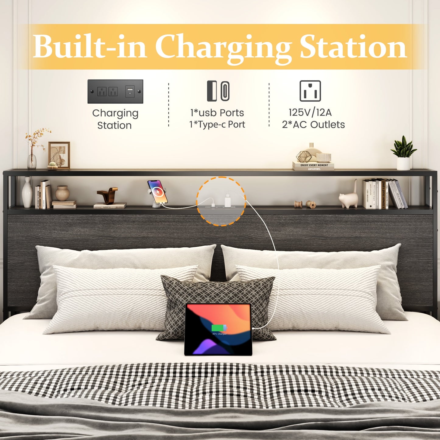 Lifezone King Size Bed Frame with 2-Tier Bookcase Headboard Platform Bed with Charging Station & LED, 4 Storage Drawers, Metal Support, No Box Spring Needed, Noise Free, Grey