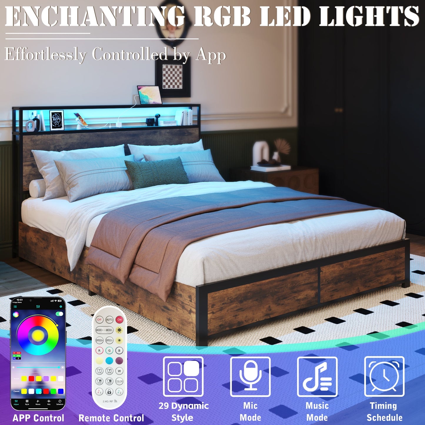 Lifezone Queen Bed Frame with Headboard Platform Bed with Charging Station & LED, 4 Storage Drawers, Metal Support, Vintage Brown