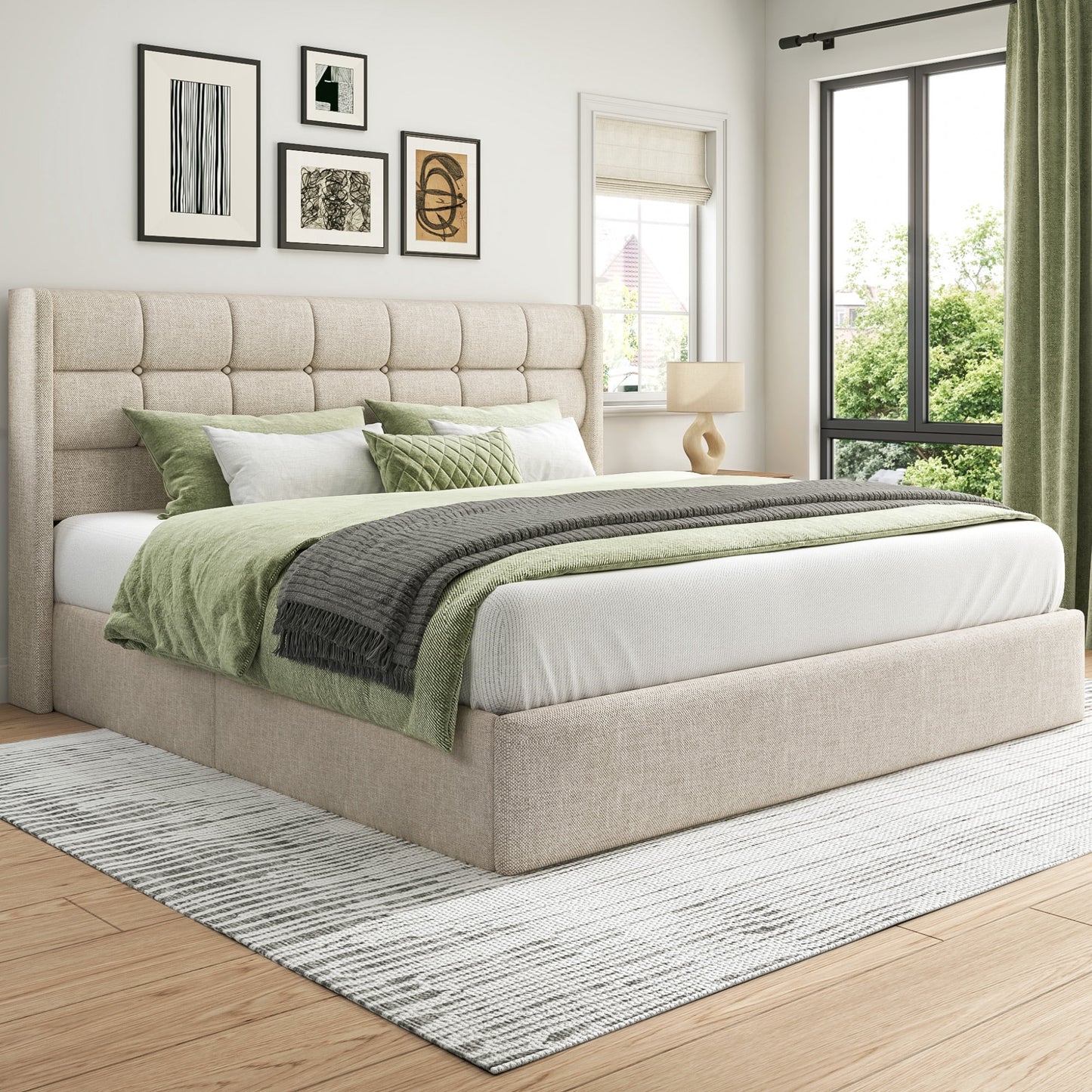 Lifezone King Linen Upholstered Storage Bed Frame with Button Tufted Wingback Headboard, Hydraulic Lift-Up Under-Bed Storage, Beige