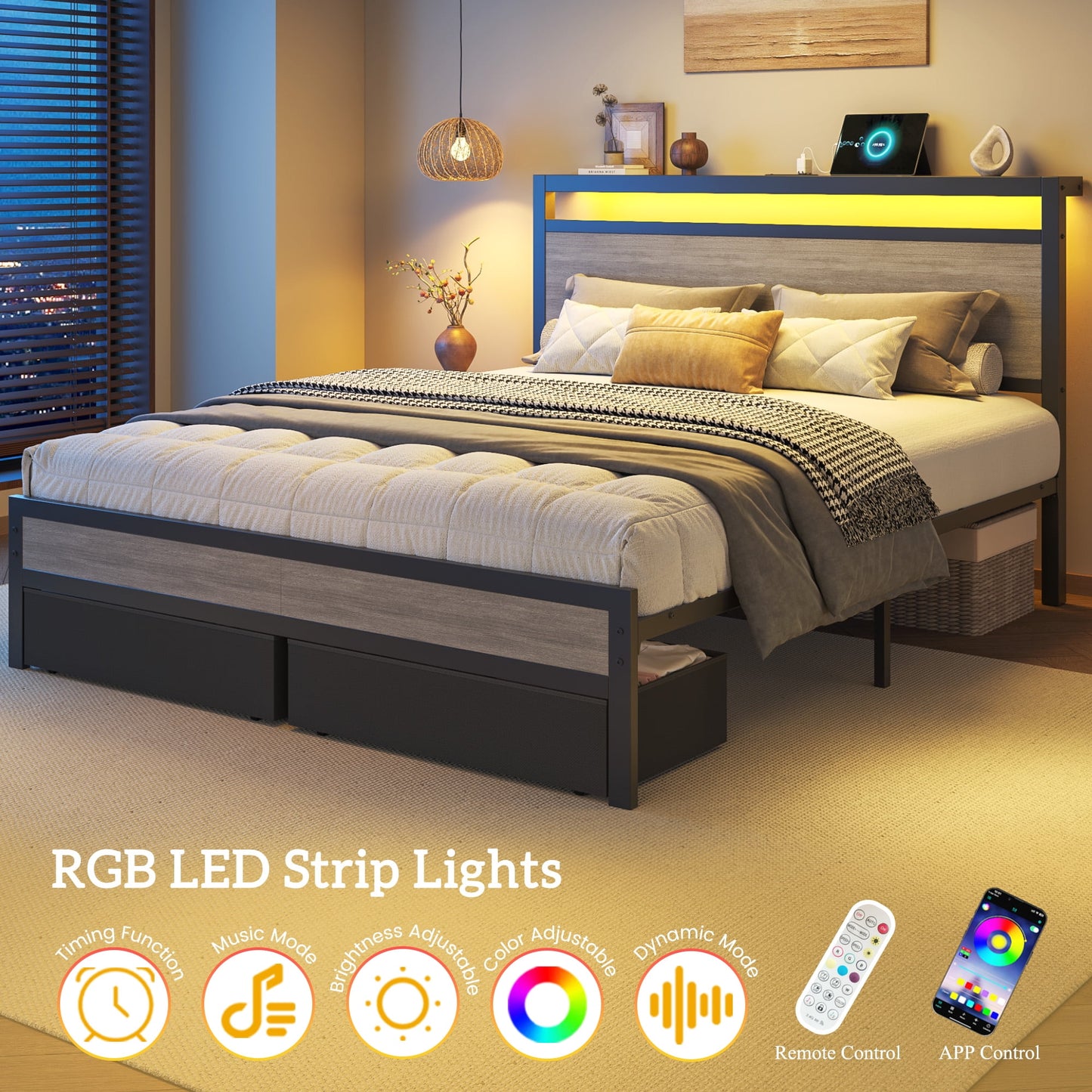 Queen Bed Frame with 2 Drawers, Headboard & Footboard, Bed Frame with Built-in Charging Station & LED Light, Storage Shelf, Noise-Free, No Box Spring Needed, Easy Assembly, Gray