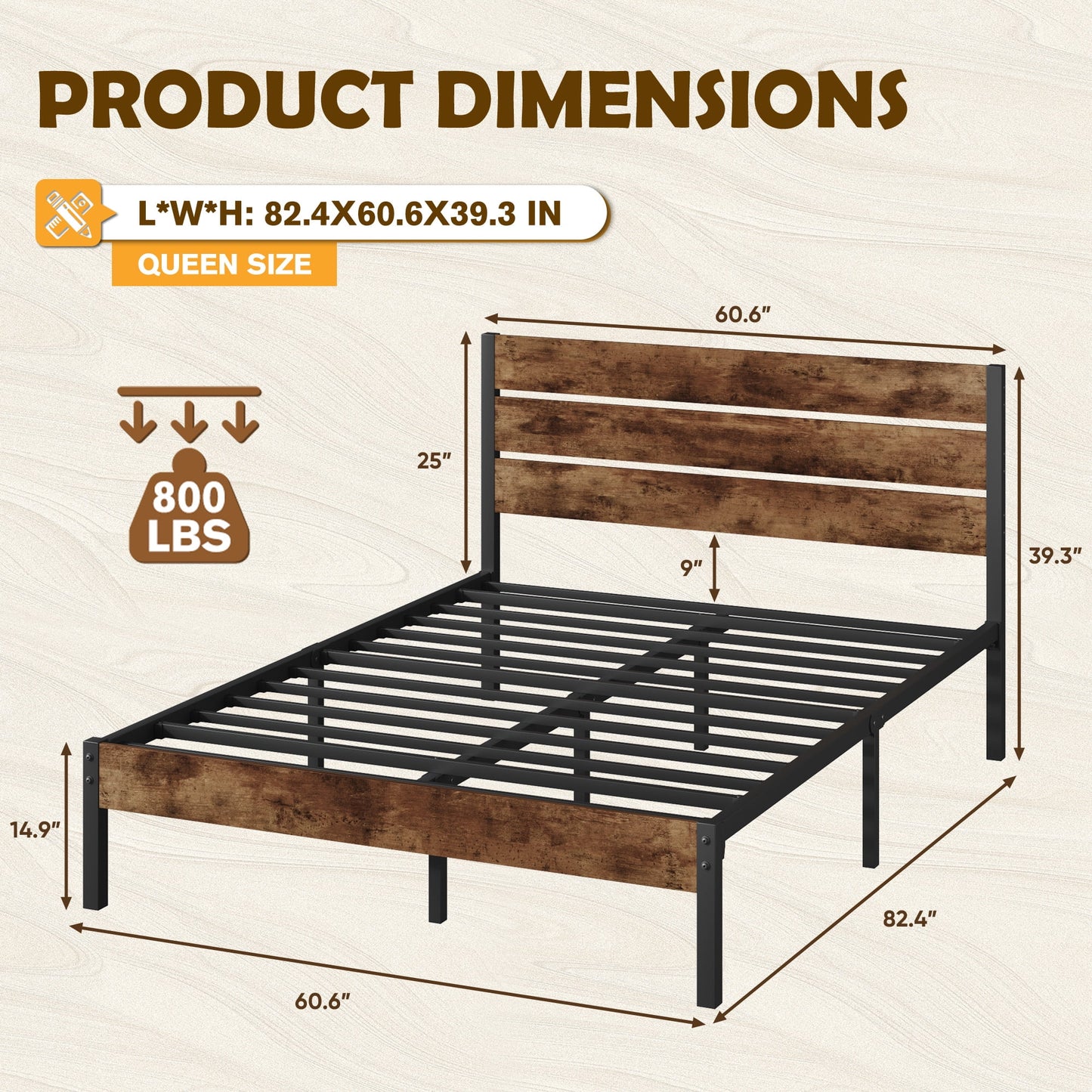 Lifezone Queen Bed Frame with Rustic Vintage Wood Headboard and Footboard,Metal Support,Rustic Brown
