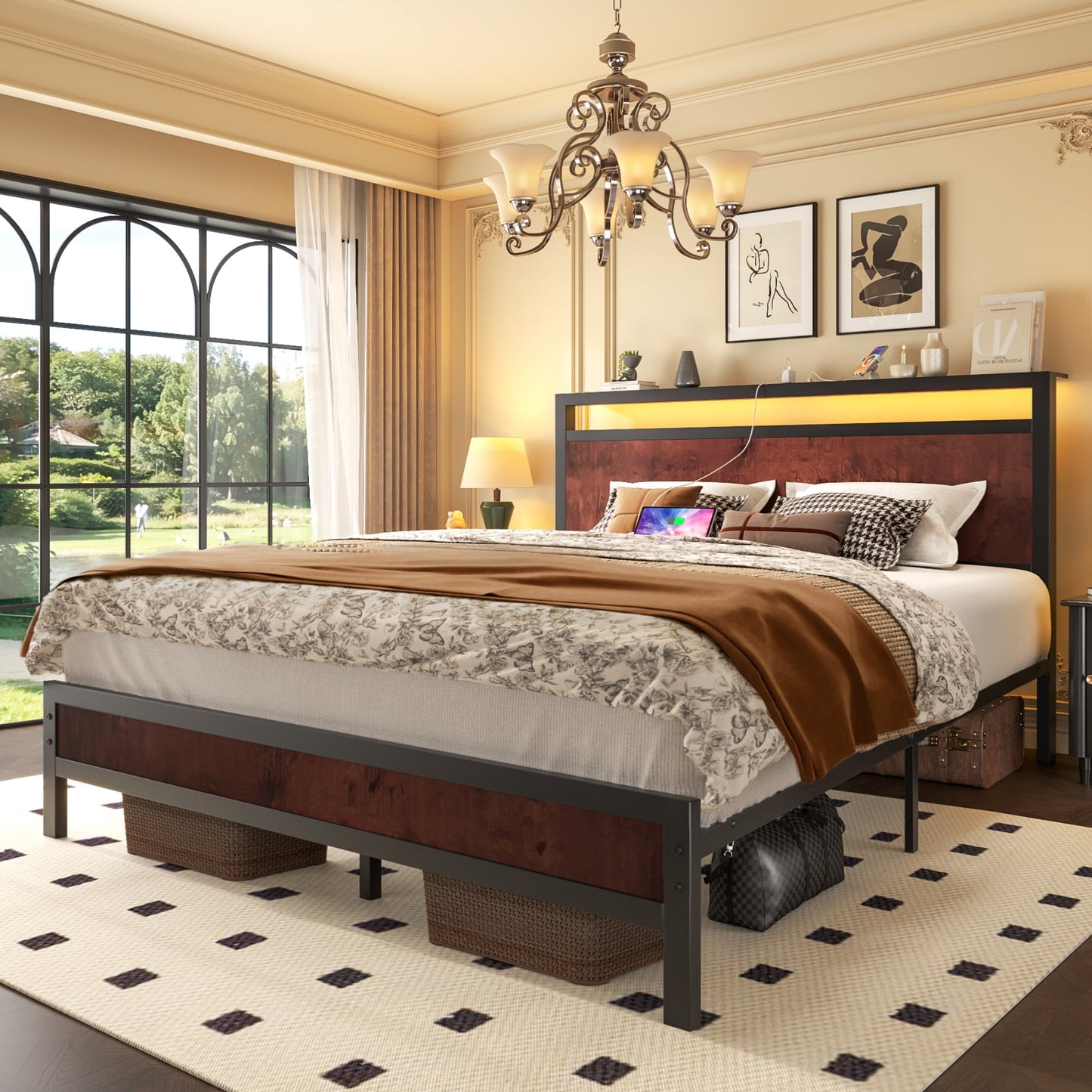 Queen Bed Frame with Headboard & Footboard, Bed Frame with Built-in Charging Station & LED Light, Storage Shelf, Noise-Free, No Box Spring Needed, Easy Assembly, Coffee Brown