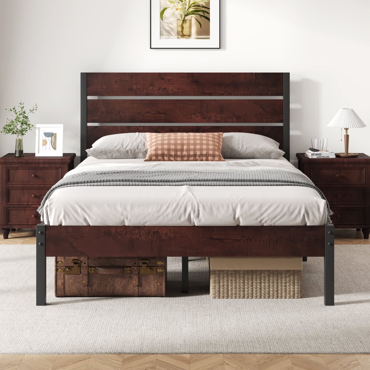 Lifezone Full Bed Frame with Rustic Vintage Wood Headboard and Footboard,Metal Support,Vintage Brown