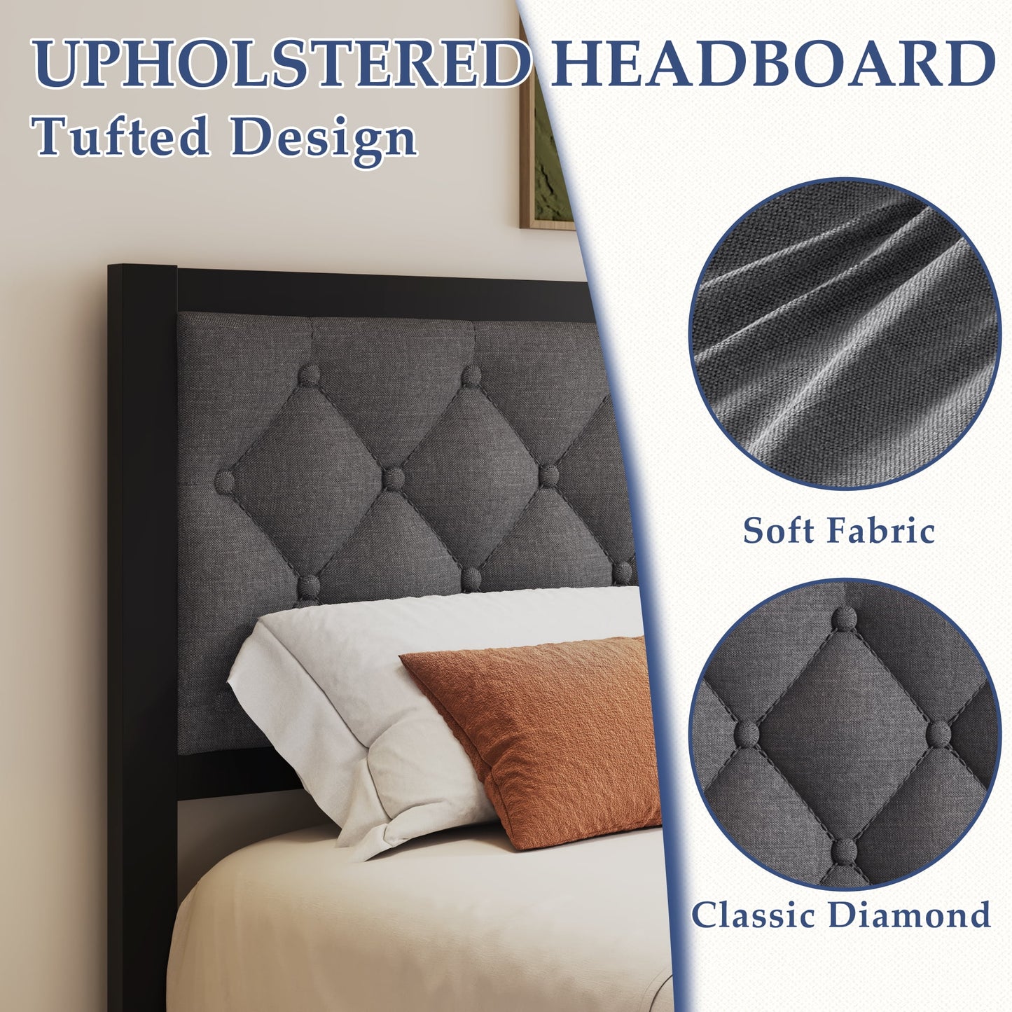 Lifezone Upholstered Bed Frame with Headboard, Full, Metal Support, No Box Spring Needed, Noise Free, Easy Assembly, Grey