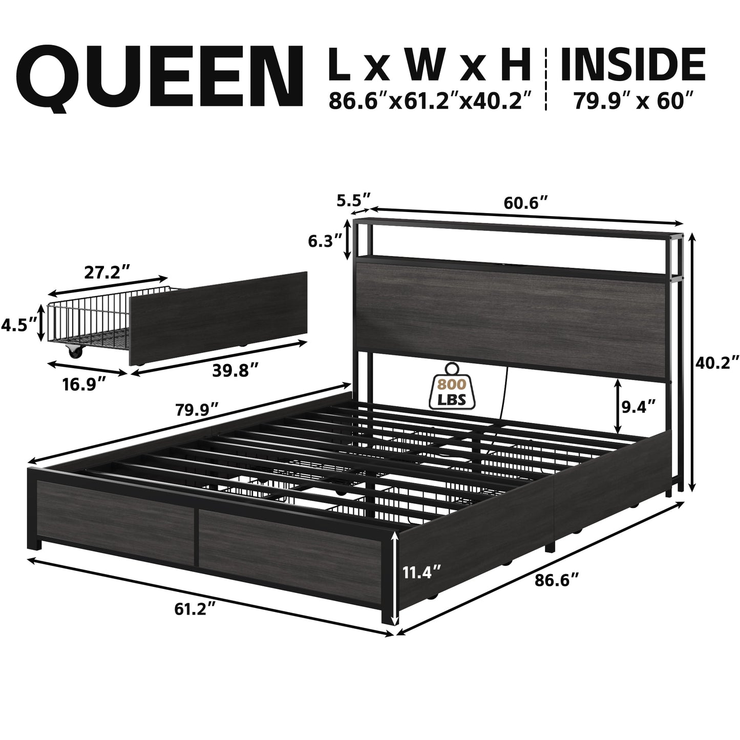 Lifezone Queen Size Bed Frame with 2-Tier Bookcase Headboard Platform Bed with Charging Station & LED, 4 Storage Drawers, Metal Support, No Box Spring Needed, Noise Free, Grey