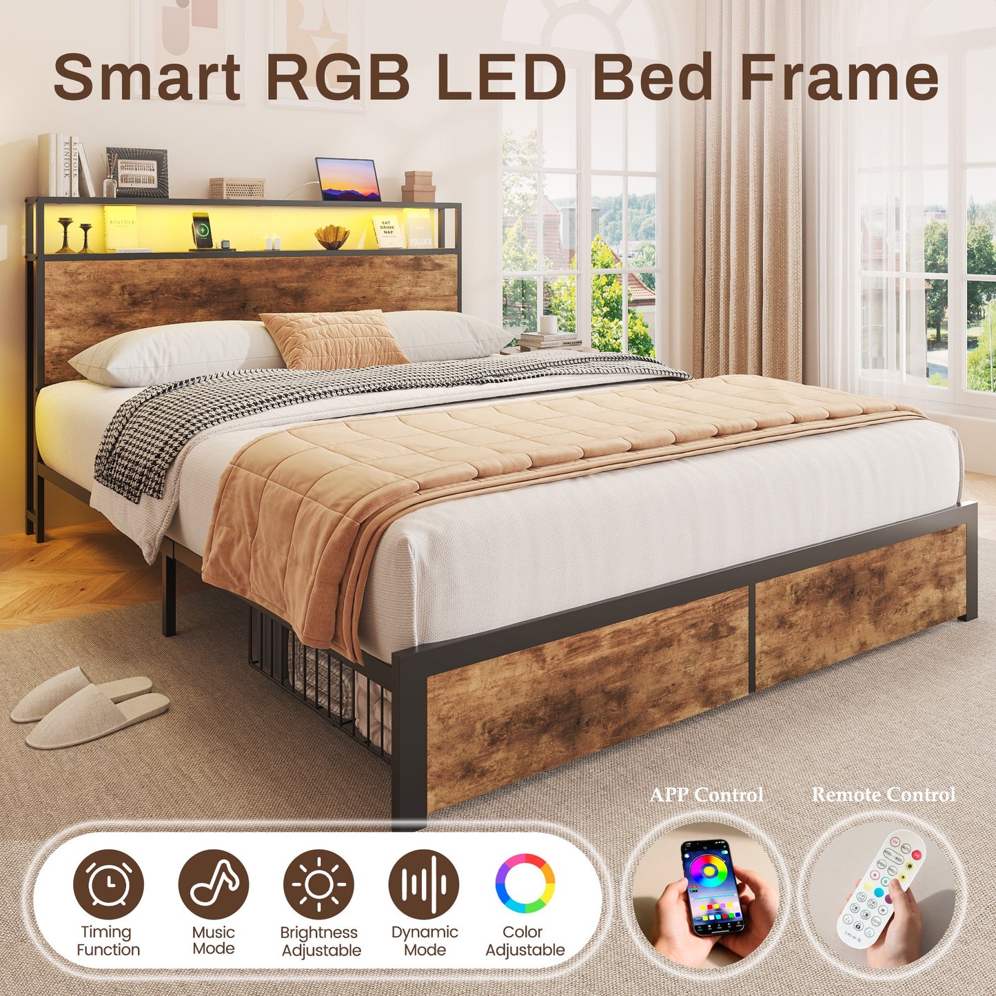 Lifezone Full Bed Frame with Headboard and Storage,2-Tier Storage Headboard & Foot-Board Drawers, Rustic Brown