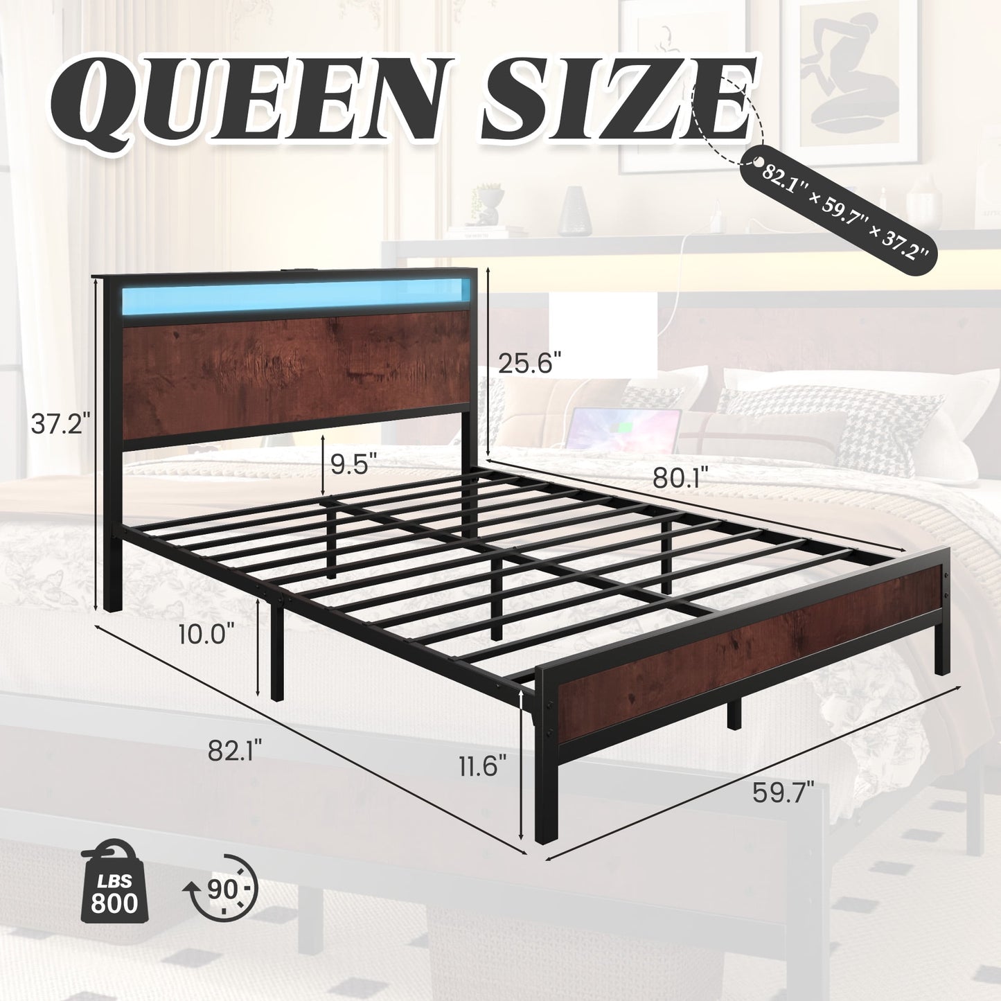 Queen Bed Frame with Headboard & Footboard, Bed Frame with Built-in Charging Station & LED Light, Storage Shelf, Noise-Free, No Box Spring Needed, Easy Assembly, Coffee Brown