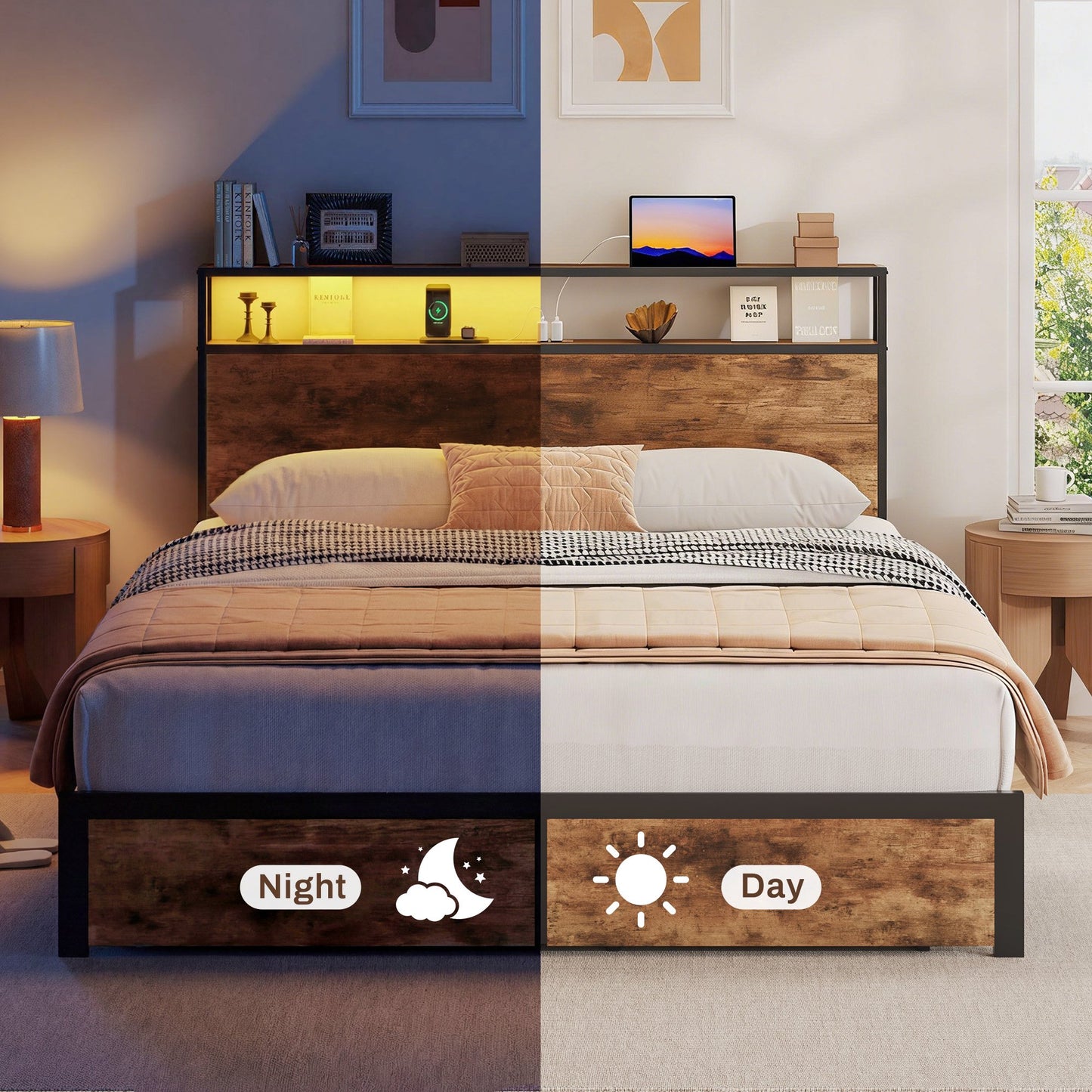 Lifezone Full Bed Frame with Headboard and Storage,2-Tier Storage Headboard & Foot-Board Drawers, Rustic Brown