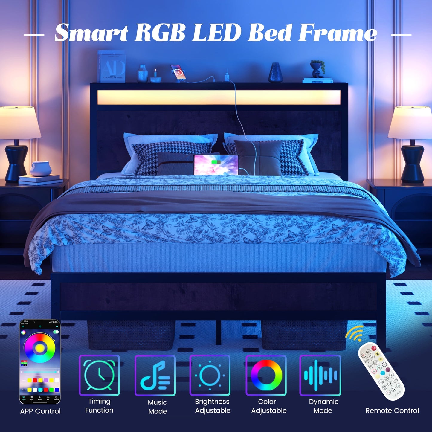 Full Bed Frame with Storage Headboard & Storage Drawer, Charging Station & LED Light, No Box Spring Needed, Noise Free, Easy Assembly, Vintage Brown