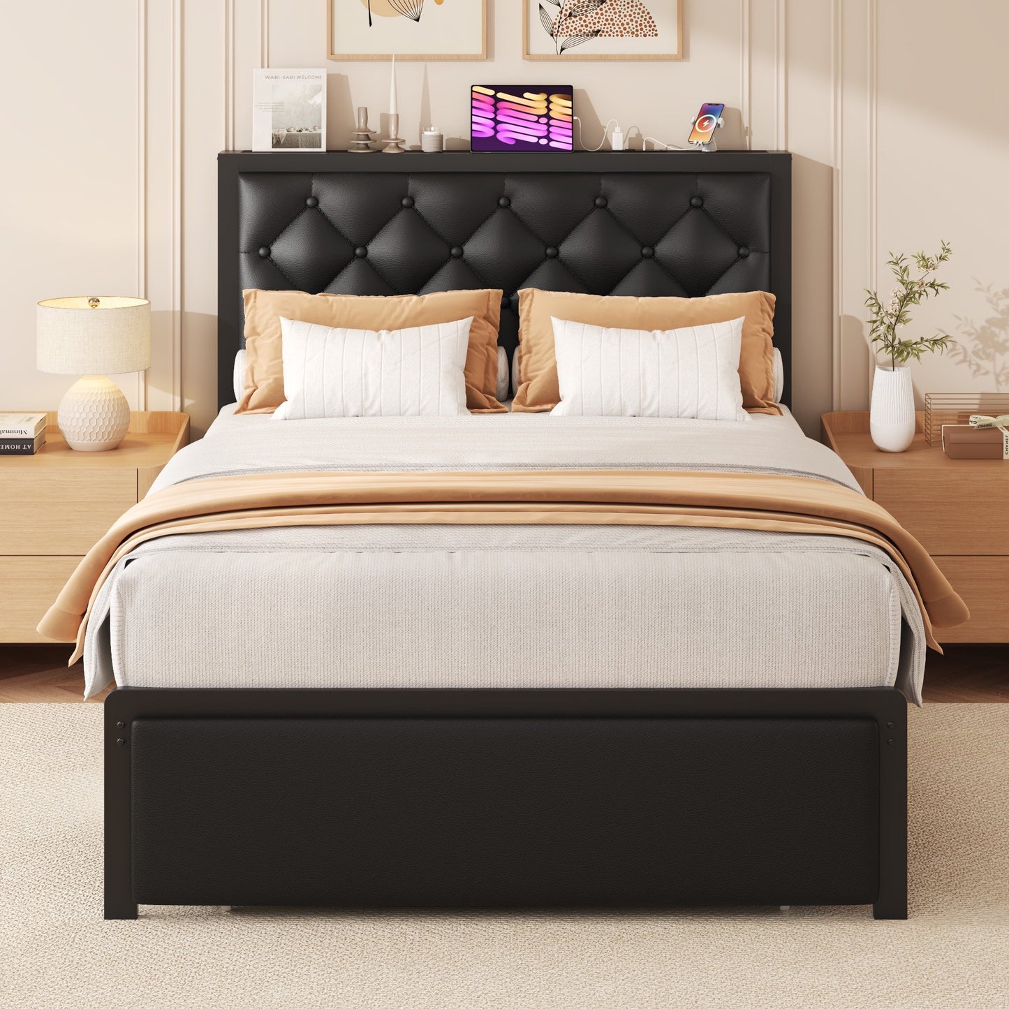 Lifezone Twin Bed Frame with Upholstered Headboard, USB Port, Large Storage Drawer, No Box Spring Needed, Easy Assembly, Black