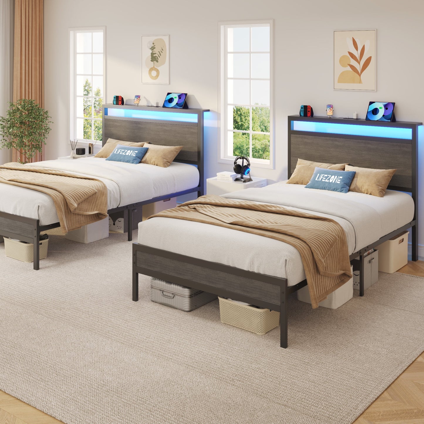 Twin Bed Frame with Headboard & Footboard, Charging Station & LED Light, Under-Bed-Storage, No Box Spring Needed, Noise Free, Easy Assembly, Rustic Gray