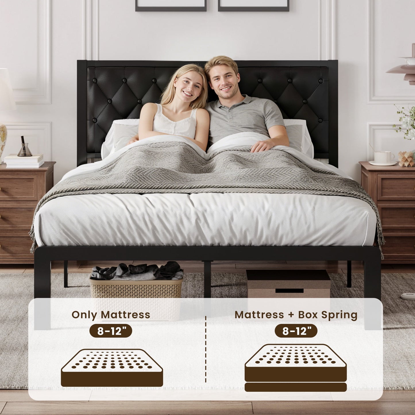 Lifezone Bed Frame with Upholstered Headboard, Queen, Metal Support, No Box Spring Needed, Modern Black
