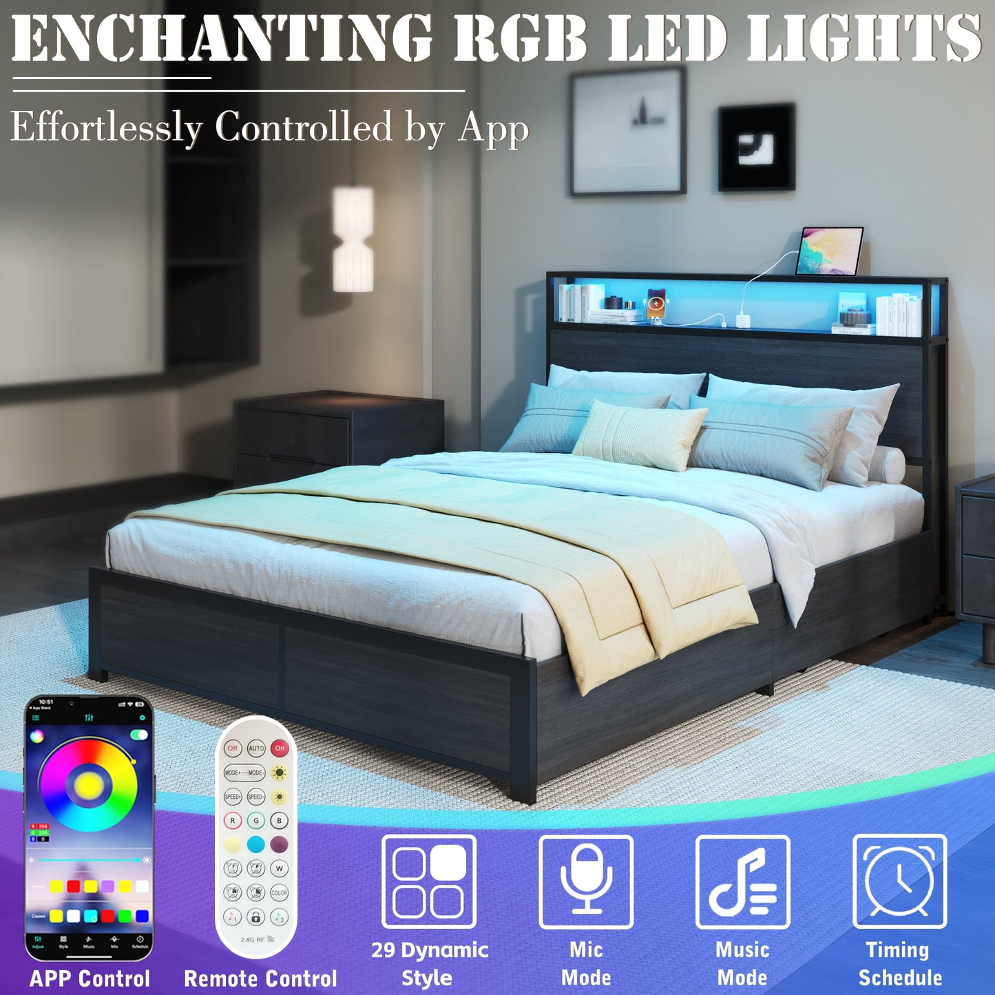 LIFEZONE Rustic Full Size Medium Density Fiberboard Platform Bookcase Bed with 4 Drawers, Grey