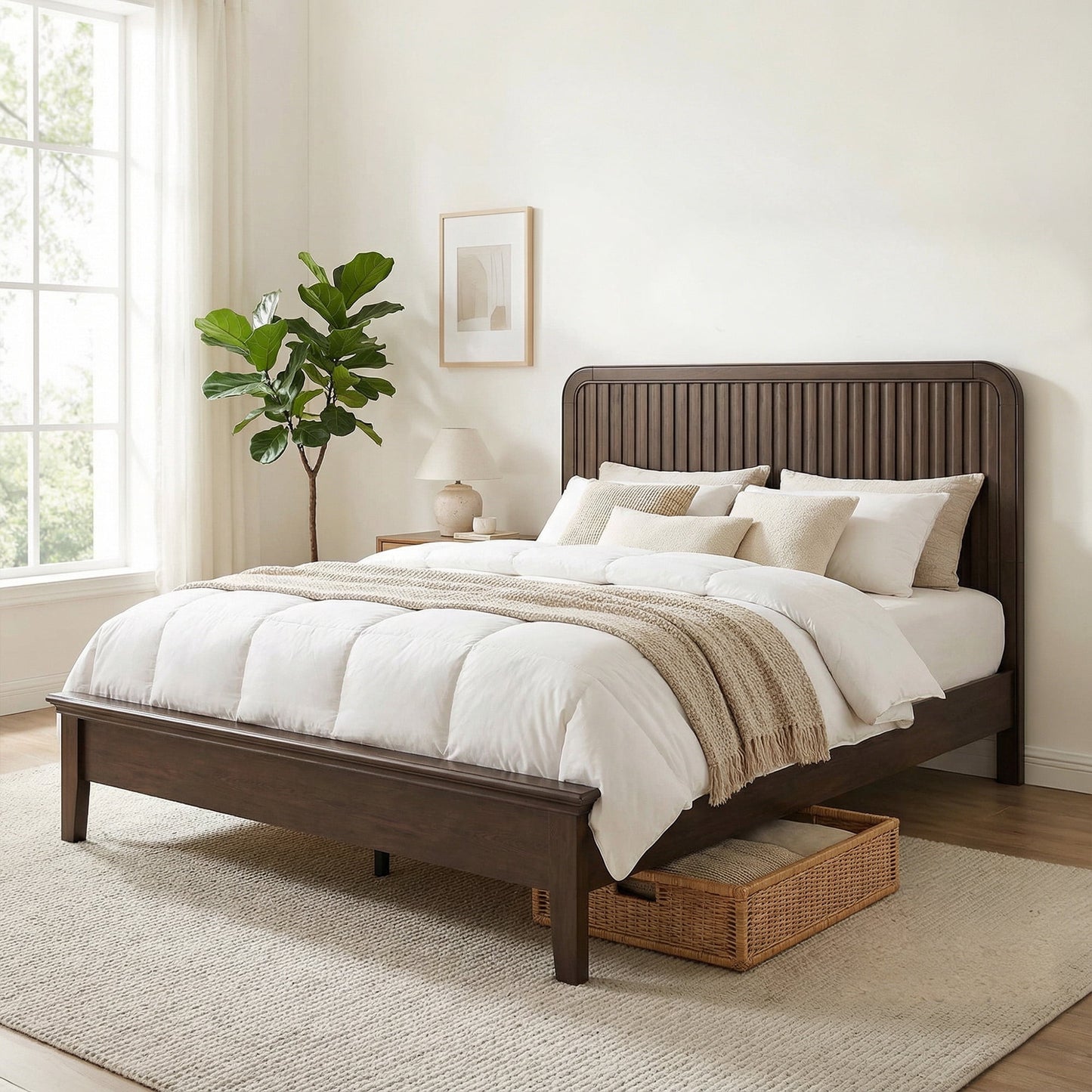 Fluest Queen Size Wood Platform Bed Frame with Vertical Slat Headboard, Rustic Brown, No Box Spring Needed, Noise-Free