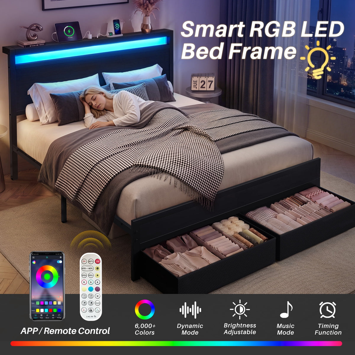 Lifezone Queen Bed Frame with Headboard, Bed Frame with Charging Station & LED Light, 2 Drawers, Storage Shelf, Noise-Free, No Box Spring Needed, Easy Assembly, Classic Black