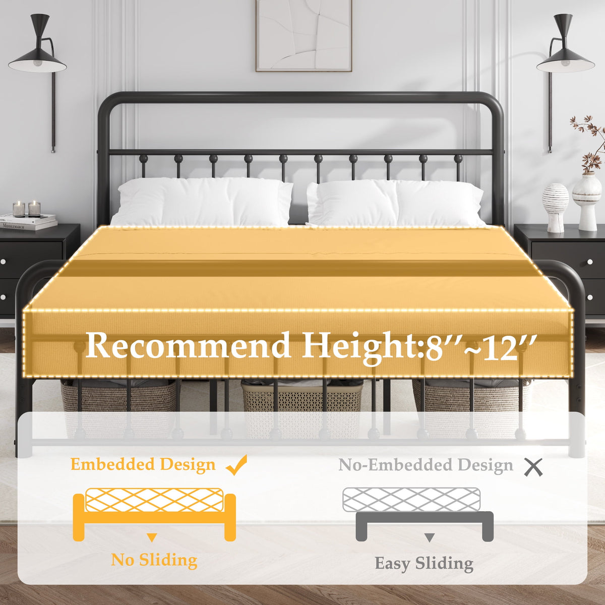 King Metal Platform Bed Frame, Classic Modern with Charging Station and LED Lights, No Box Spring Needed, Black