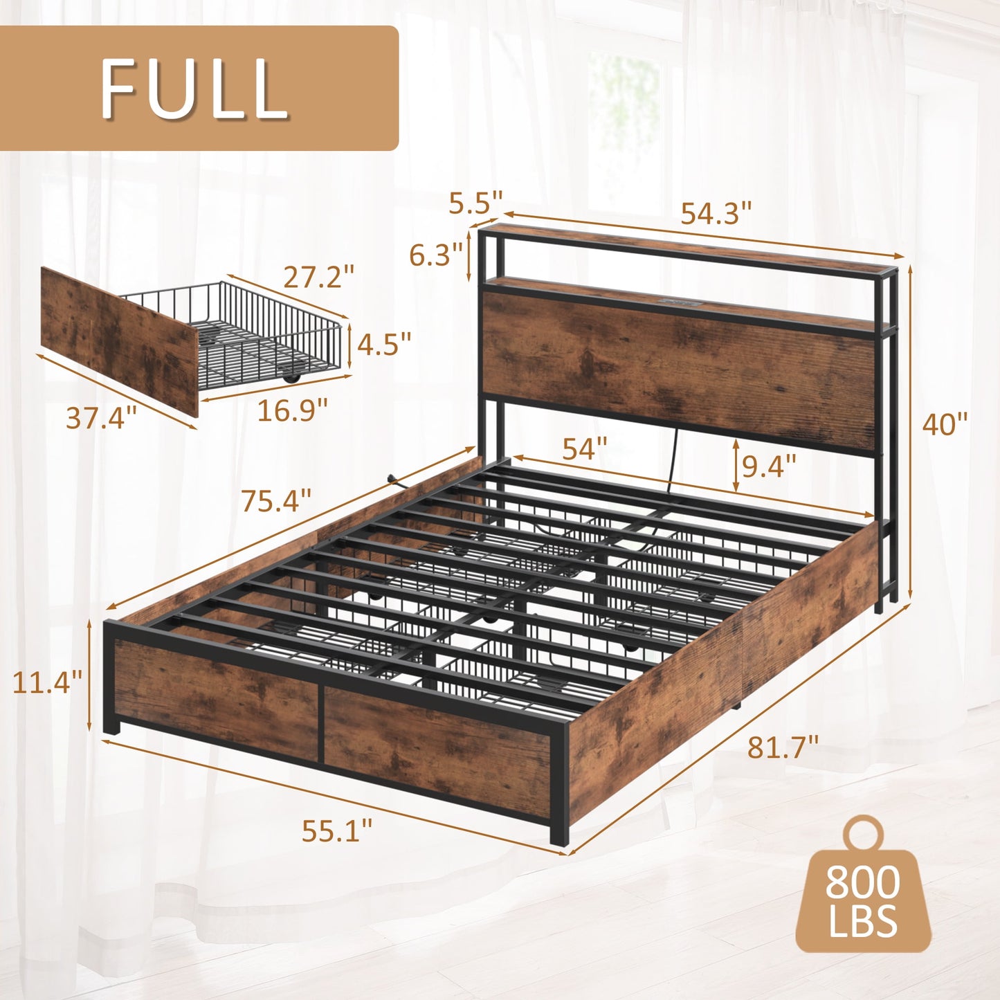 Lifezone Full Bed Frame with Headboard Charging Station Storage Drawer,Metal Support,Vintage Brown