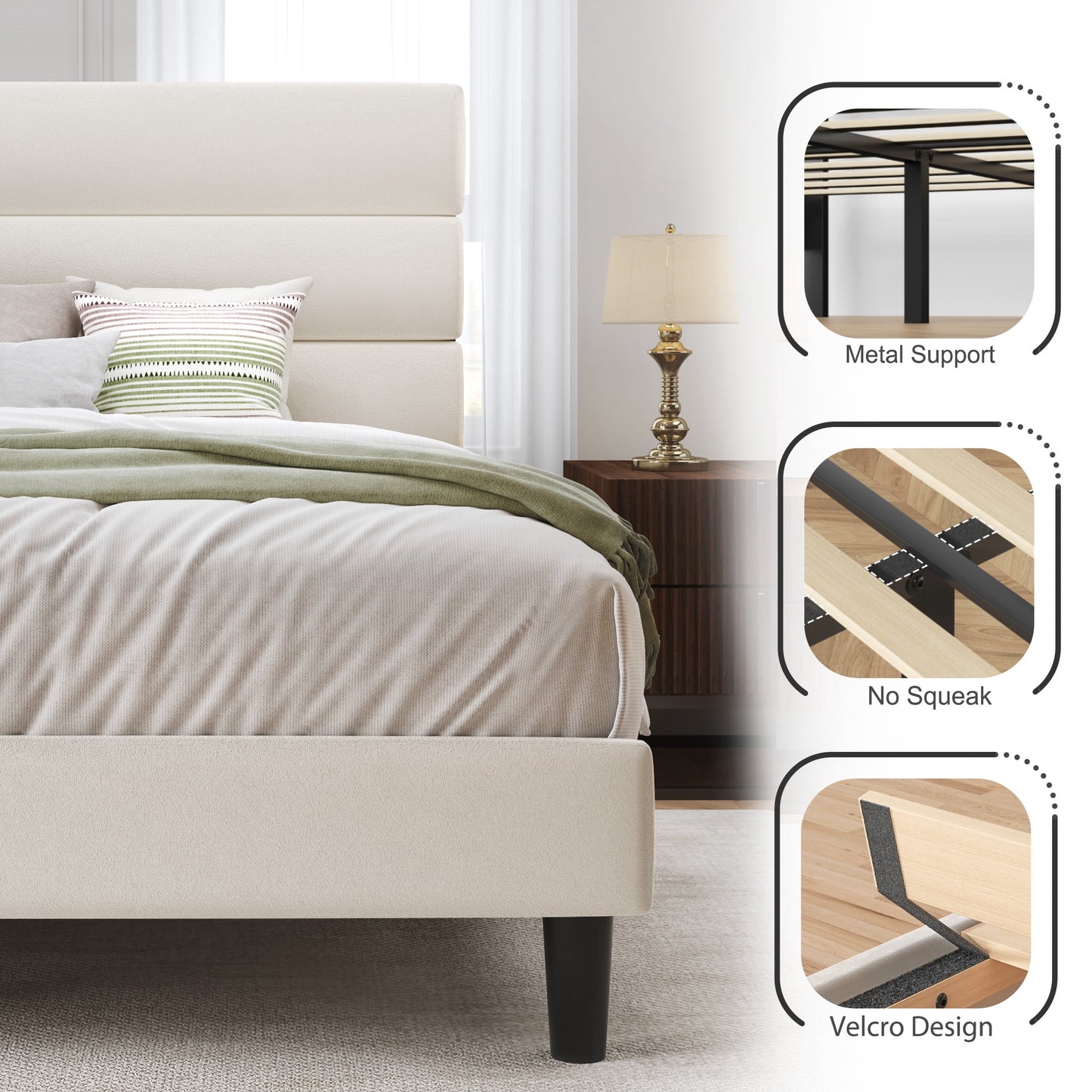 Lifezone King Bed Frame with Velvet Upholstered Headboard, Metal Support, No Box Spring Needed, Noise Free, Easy Assembly, Beige