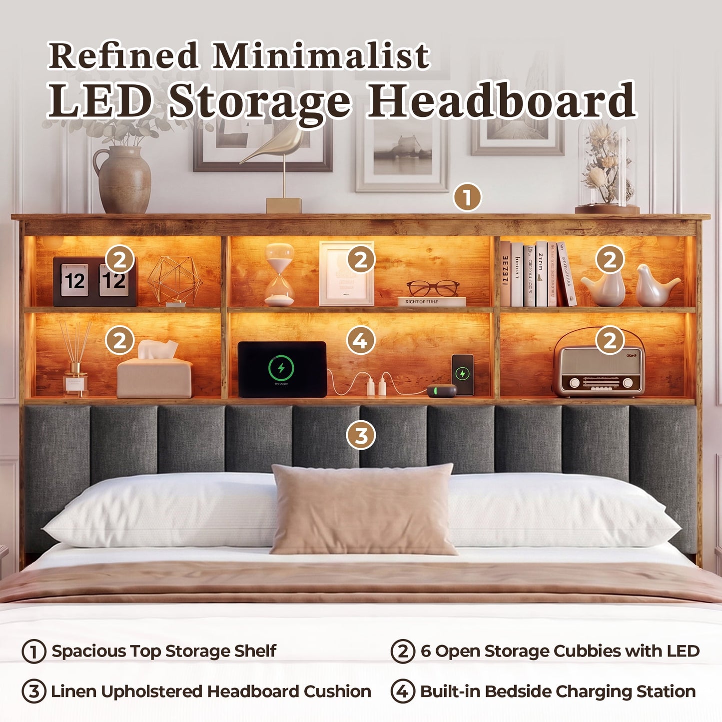 Lifezone Queen Storage Bed Frame with 2 Drawers, Bookcase Headboard & Charging Station, No Box Spring Needed, Rustic Brown