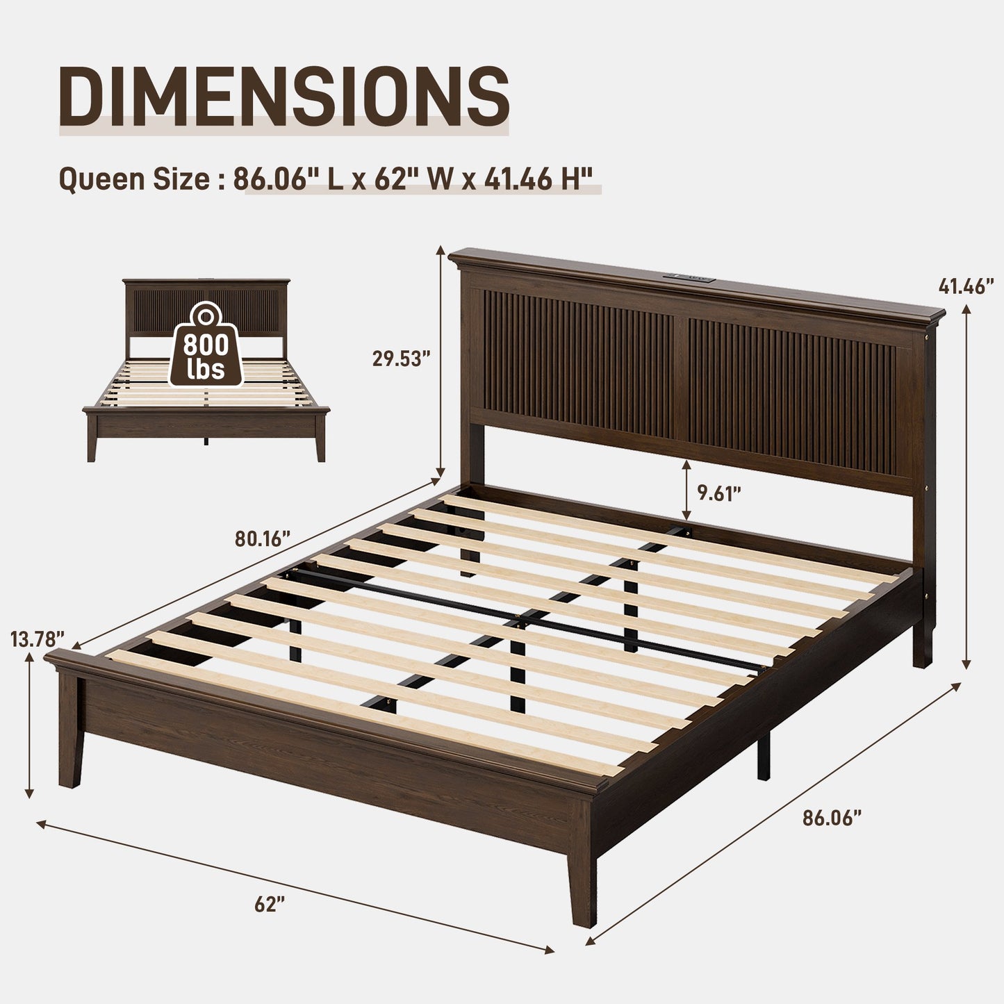Lifezone Solid Wood Queen Platform Bed, Tall Headboard with Built-in RGB LED and Charging Station, Wood Slat Support, Noise-Free Walnut Finish