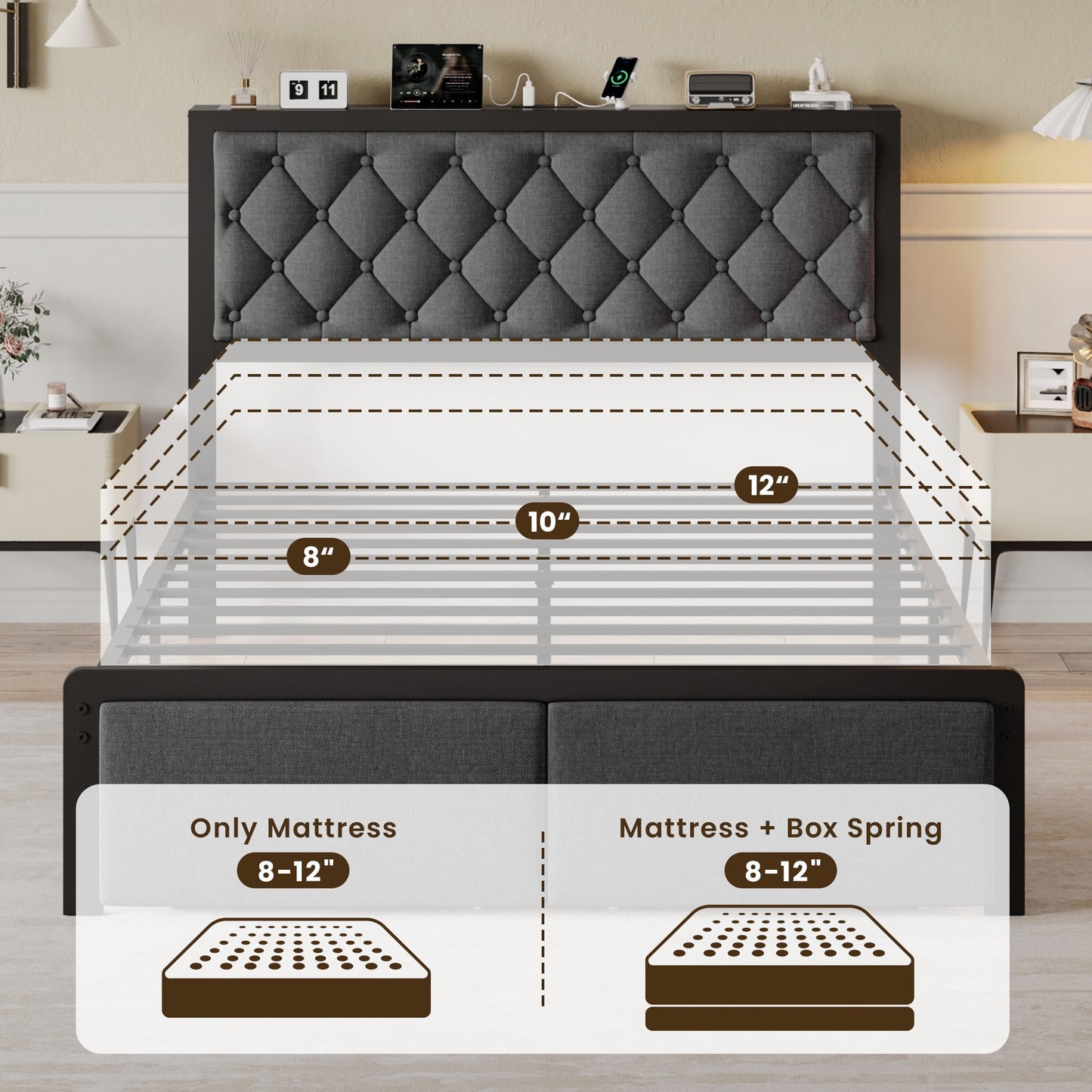 Lifezone Bed Frame with Linen Upholstered Headboard, Lockable Storage, Queen Size, Gray