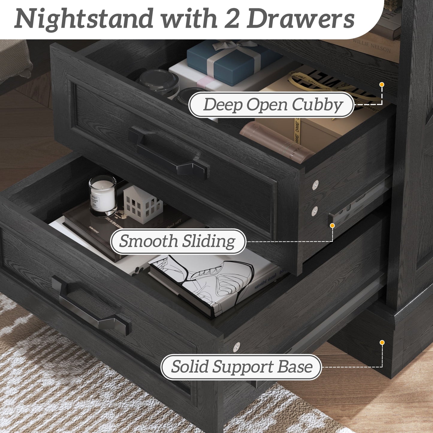 Lifezone 24” Farmhouse Rustic Nightstand - Antique Black , Charging Station, Drawers & Open Storage