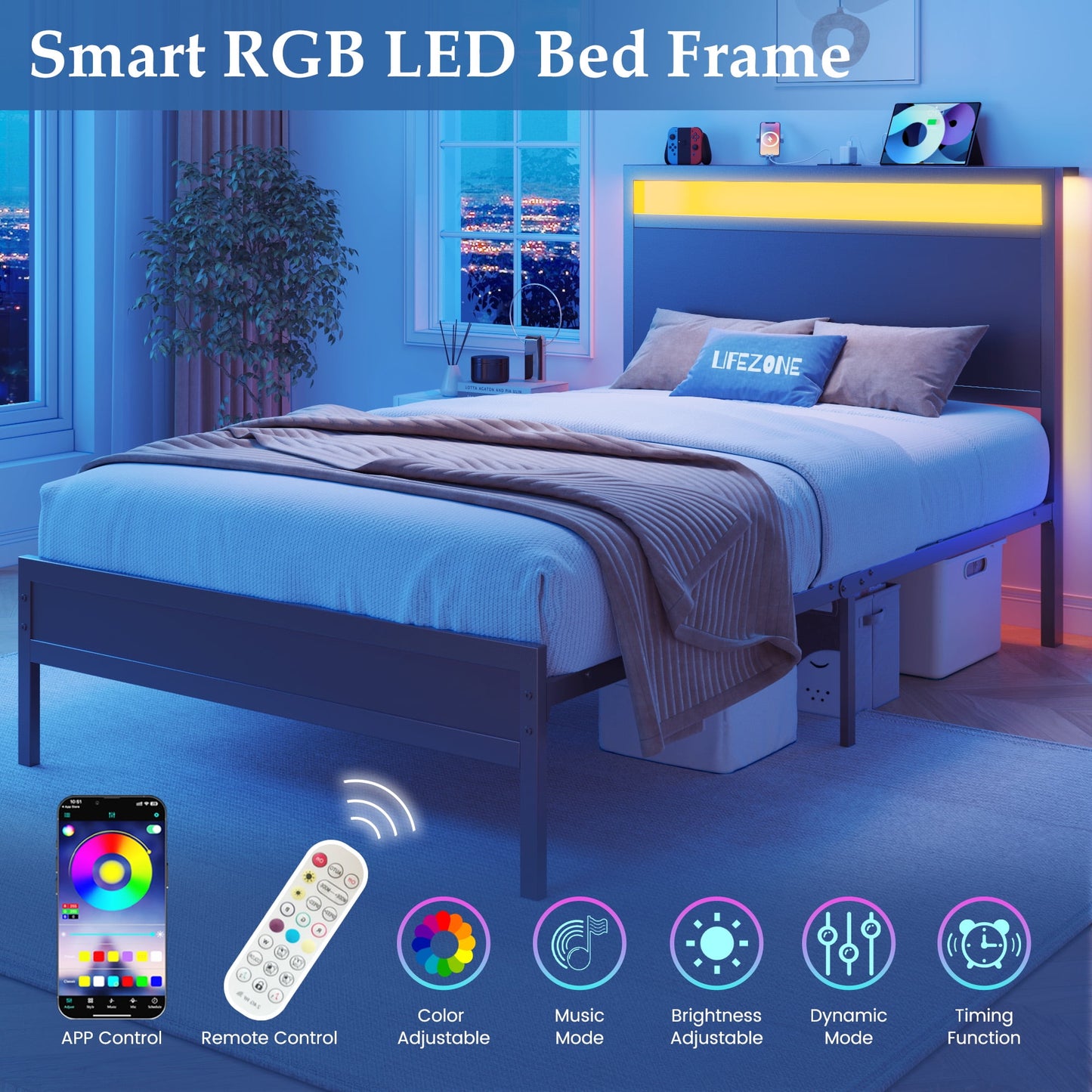 Twin Bed Frame with Headboard & Footboard, Charging Station & LED Light, Under-Bed-Storage, No Box Spring Needed, Noise Free, Easy Assembly, Black