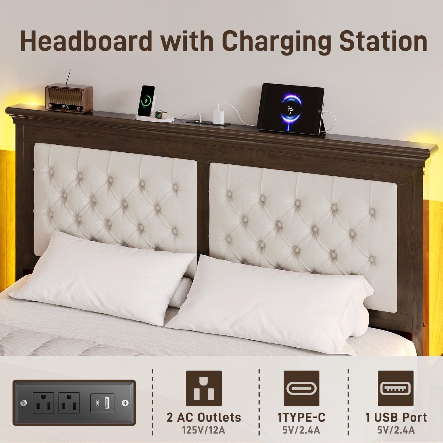Lifezone Queen Solid Wood Platform Bed Frame, Tufted Headboard & Footboard with Charging Station, Noise-Free Walnut Brown Finish