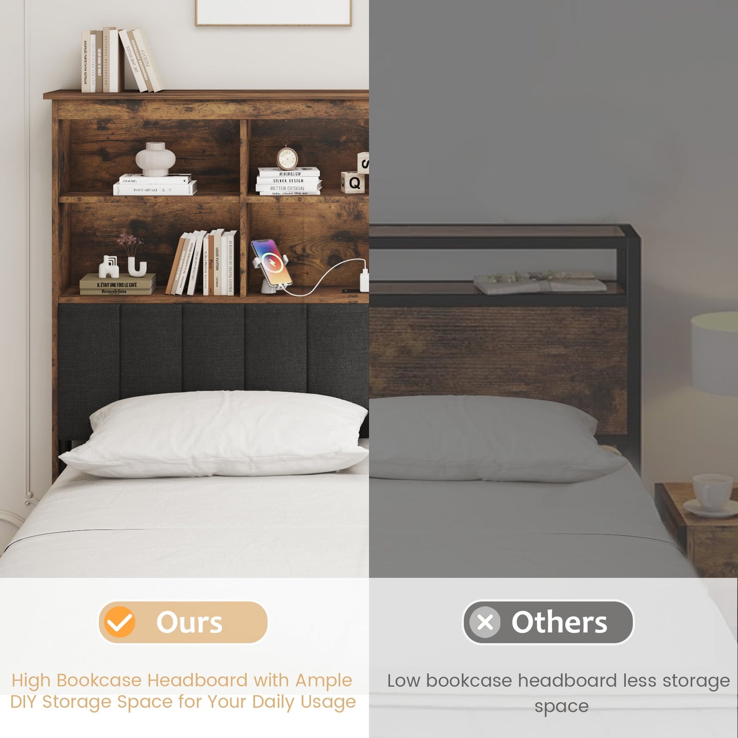 Lifezone Bookcase Beds Full Bed Frame with Wooden Platform, Rustic Brown