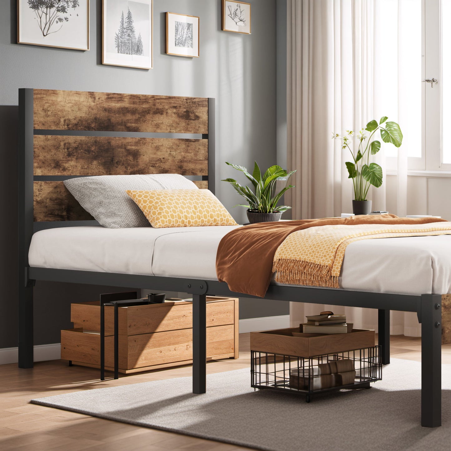 Lifezone Twin Bed Frame with Rustic Vintage Wood Headboard and Footboard,Metal Support,Rustic Brown