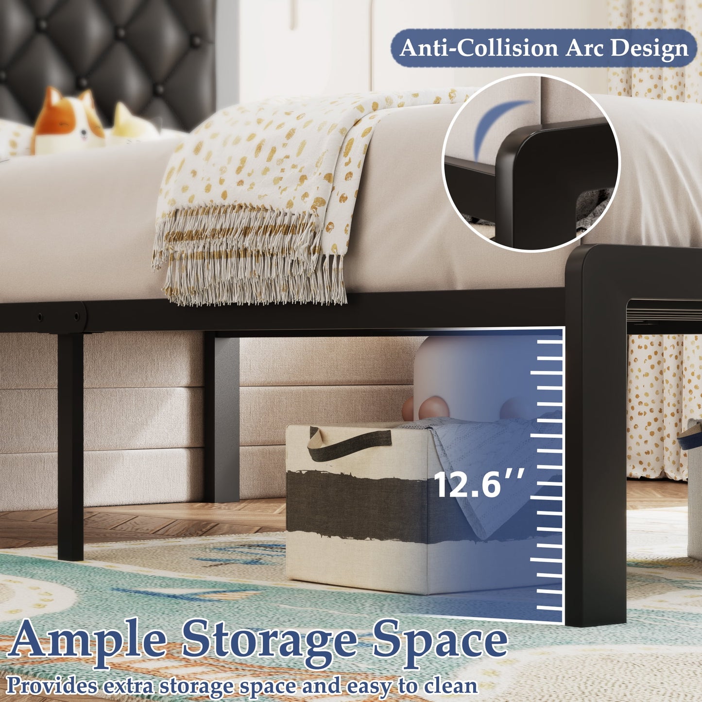 Lifezone Twin Bed Frame with Upholstered Headboard, Metal Support, No Box Spring Needed,Black