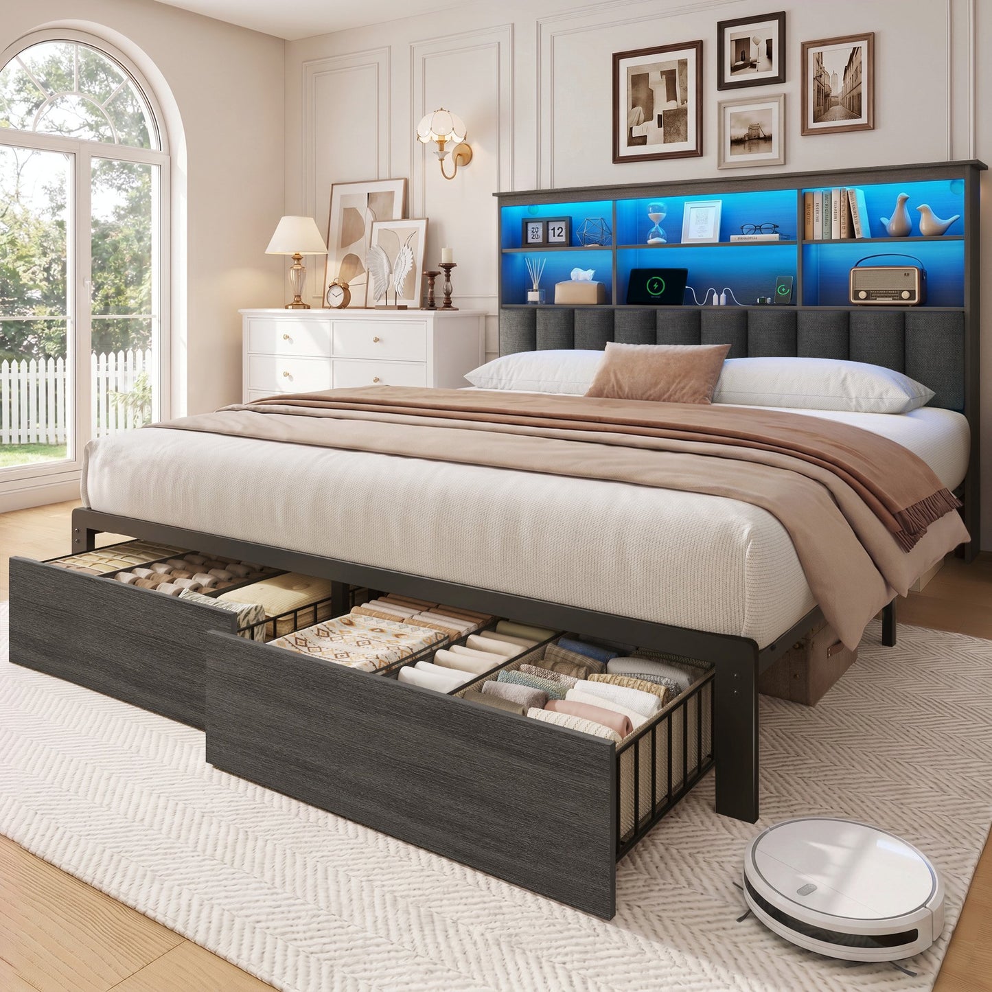 Lifezone Queen Storage Bed Frame with 2 Drawers, Bookcase Headboard & Charging Station, No Box Spring Needed, Gray