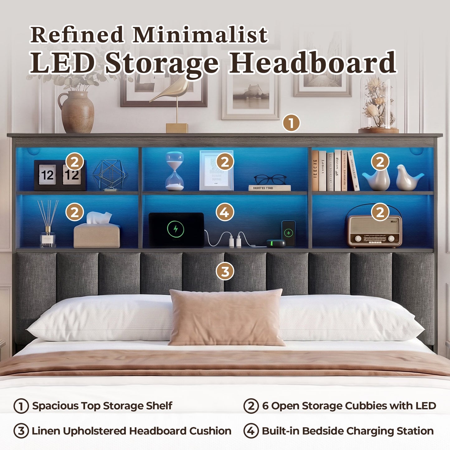 Lifezone Queen Storage Bed Frame with 2 Drawers, Bookcase Headboard & Charging Station, No Box Spring Needed, Gray