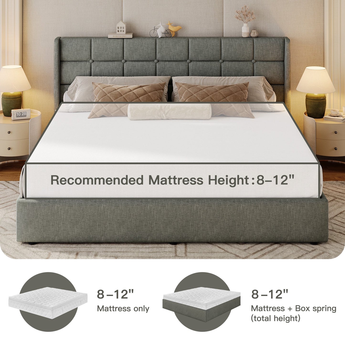 Lifezone King Linen Upholstered Storage Bed Frame with Button Tufted Wingback Headboard, Hydraulic Lift-up Under-Bed Storage, Gray