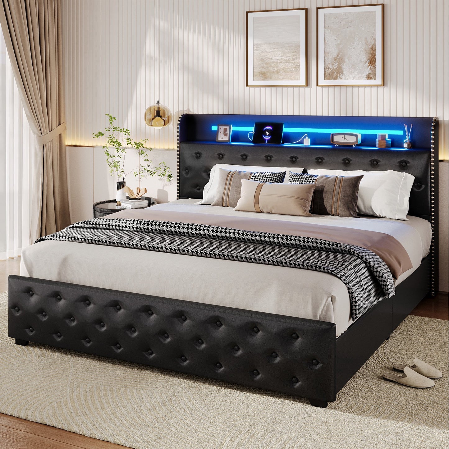 Lifezone Queen Size Upholstered Platform Bed Frame, Faux Leather Windback Headboard with Storage, 4 Drawers, LED Lights & Charging Station, Metal Slat Support, No Box Spring Required, Black