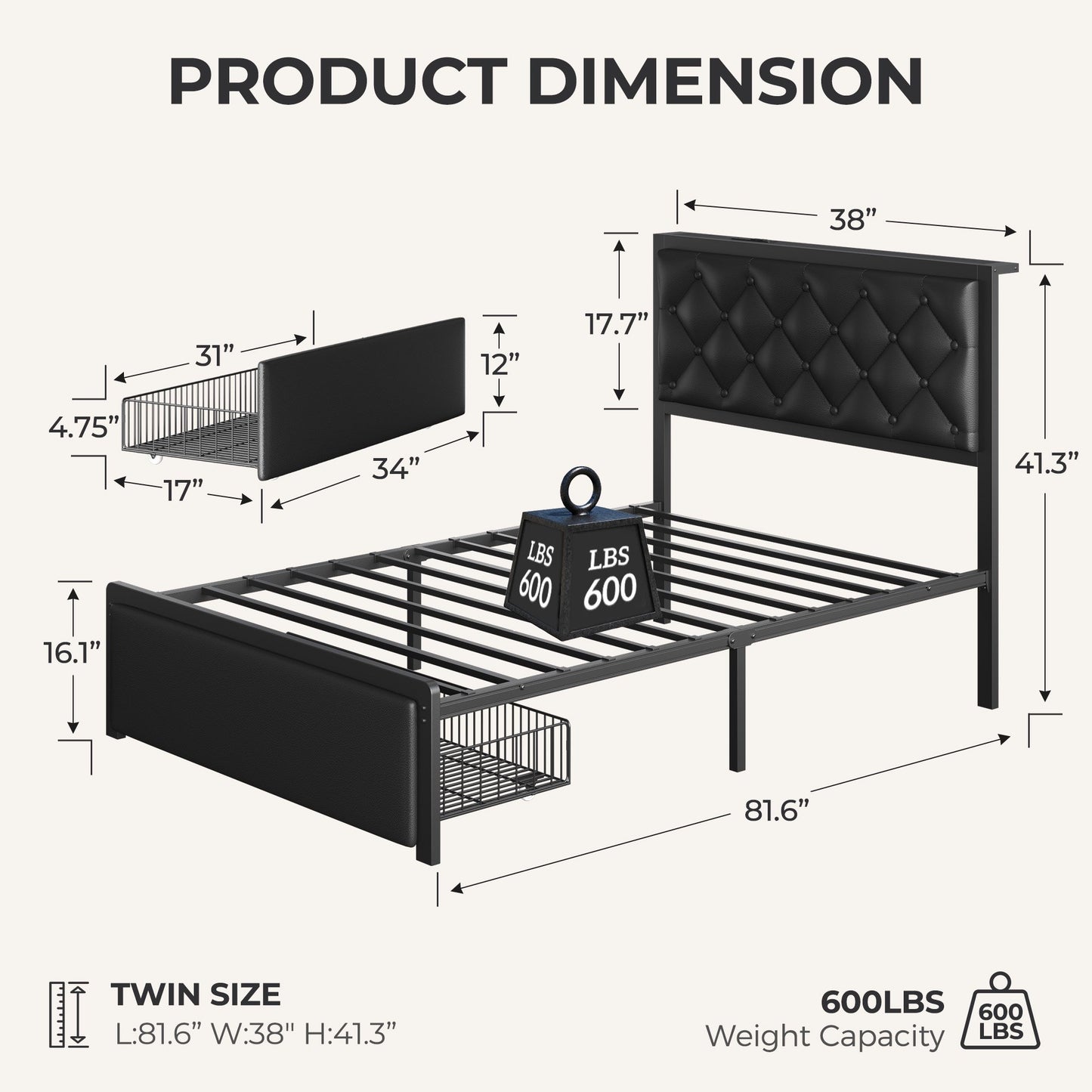 Lifezone Twin Bed Frame with Upholstered Headboard, USB Port, Large Storage Drawer, No Box Spring Needed, Easy Assembly, Black