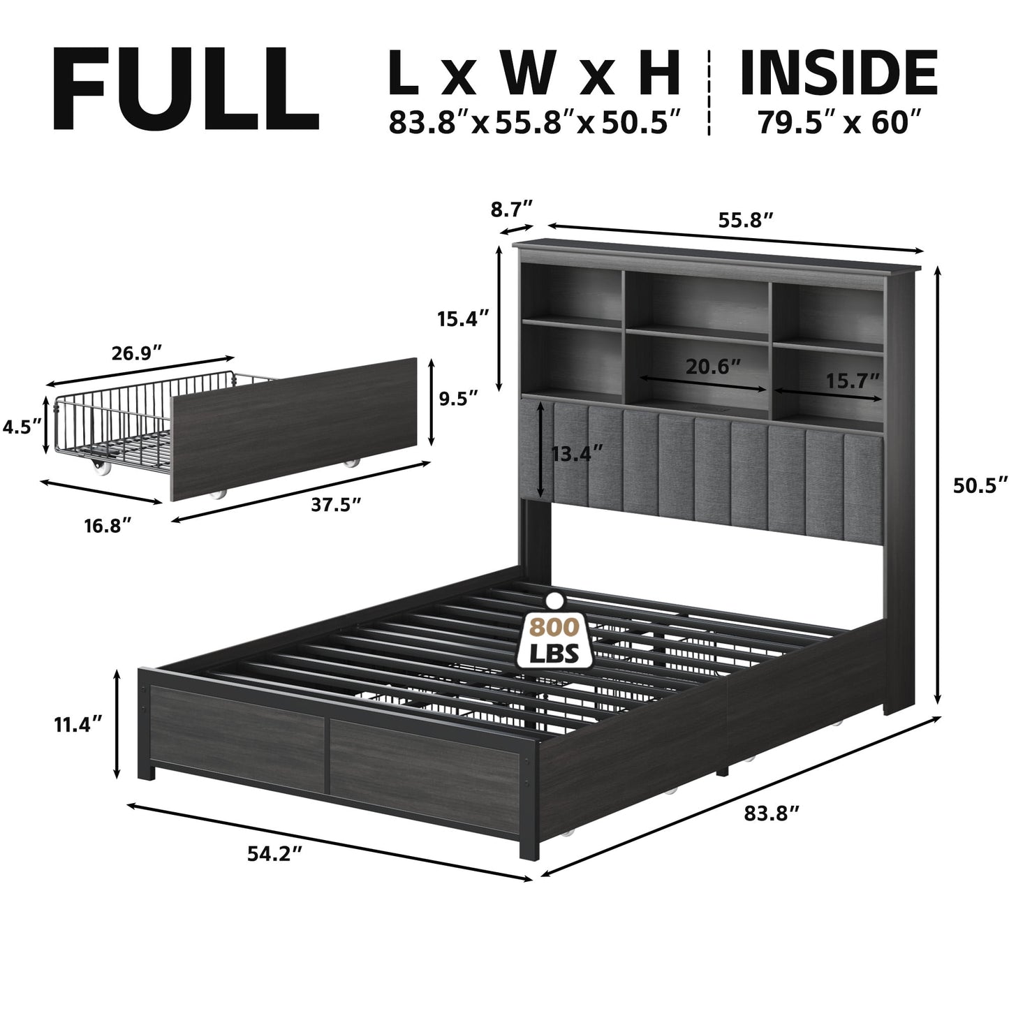 Lifezone Bookcase Beds Full Bed Frame with Wooden Platform, Rustic Grey