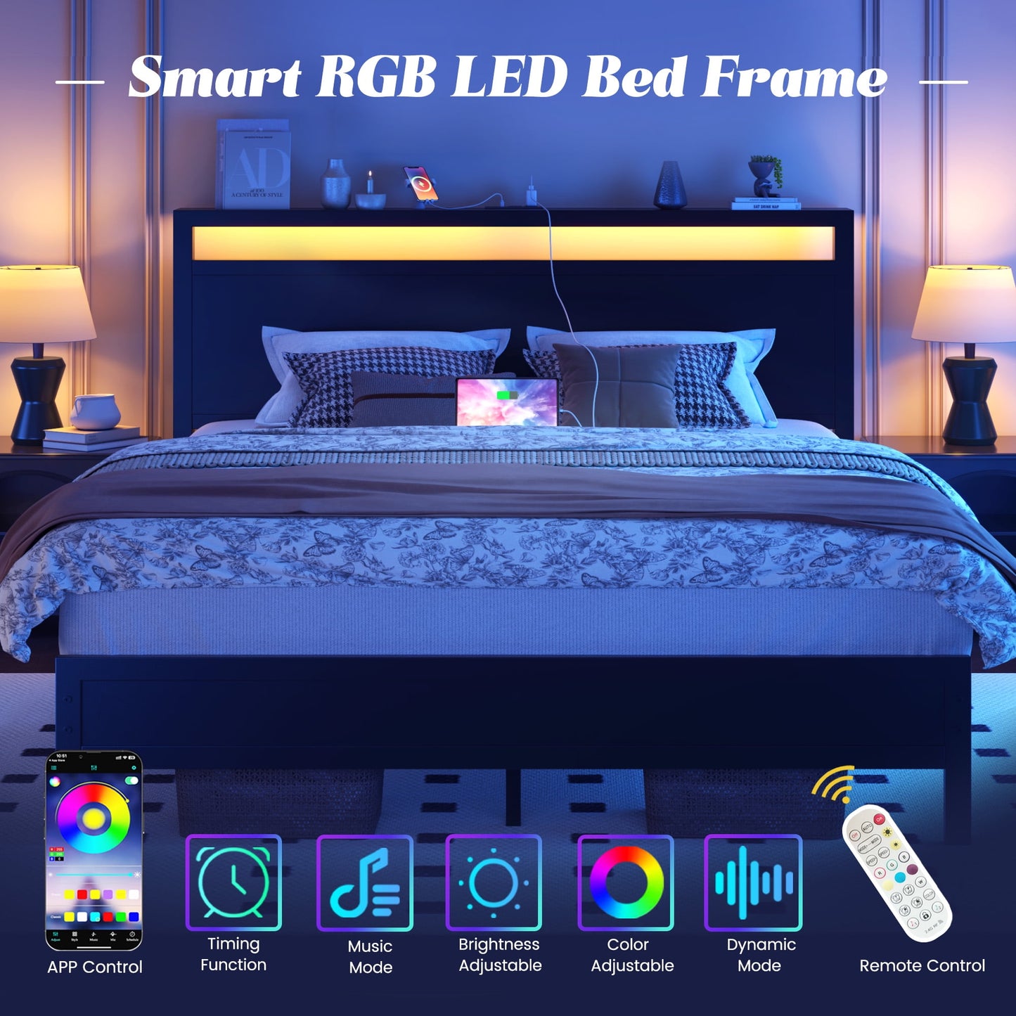 Queen Bed Frame with Headboard & Footboard, Bed Frame with Built-in Charging Station & LED Light, Storage Shelf, Noise-Free, No Box Spring Needed, Easy Assembly, Classic Black