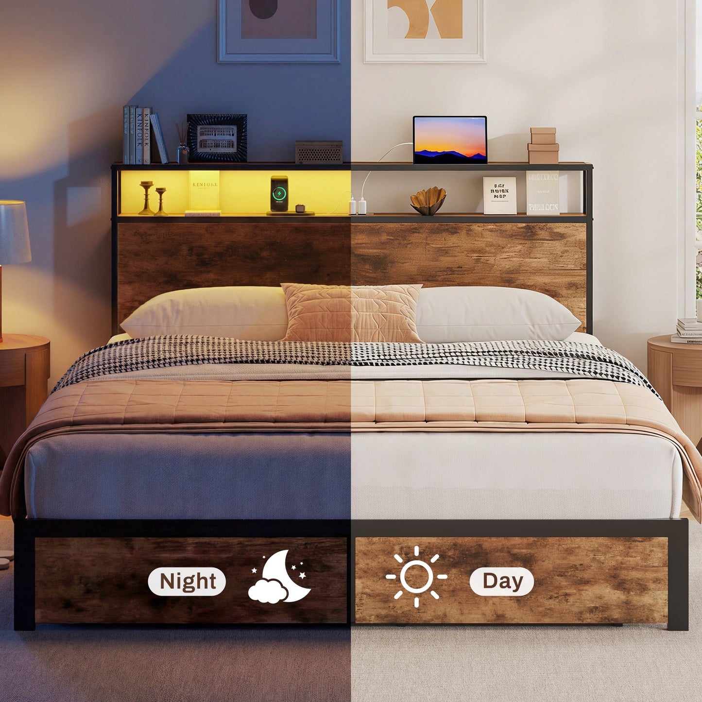 Lifezone Queen Bed Frame with 2-Tier Storage Headboard, Metal Bed Frame with Storage Drawers & Built-in Charging Station & LED, Noise-Free, No Box Spring Needed, Easy Assembly, Retro Brown