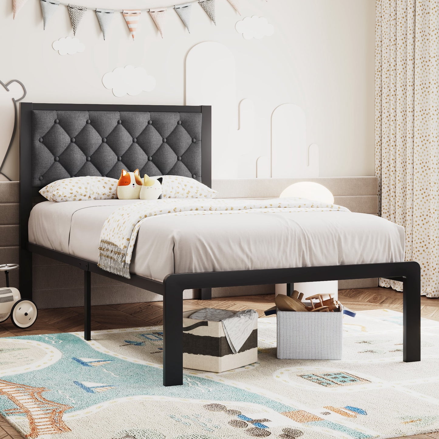 Lifezone Bed Frame with Linen Upholstered Headboard, Twin, Metal Support, No Box Spring Needed, Noise Free, Under Bed Storage, Easy Assembly, Grey