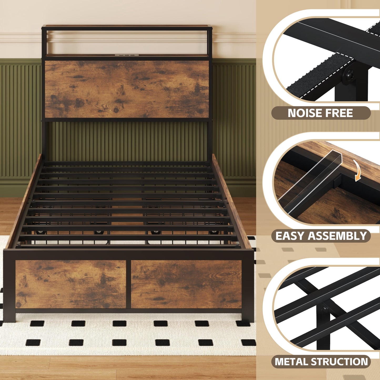 Lifezone Twin Size Bed Frame with 2-Tier Bookcase Headboard Platform Bed with Charging Station & LED, 4 Storage Drawers, Metal Support, No Box Spring Needed, Noise Free, Brown