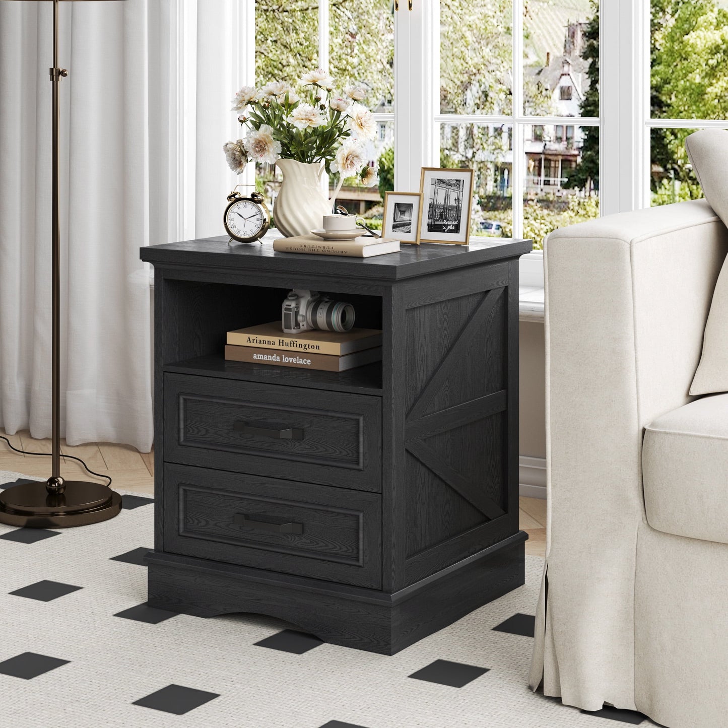 Lifezone 24” Farmhouse Rustic Nightstand - Antique Black , Charging Station, Drawers & Open Storage