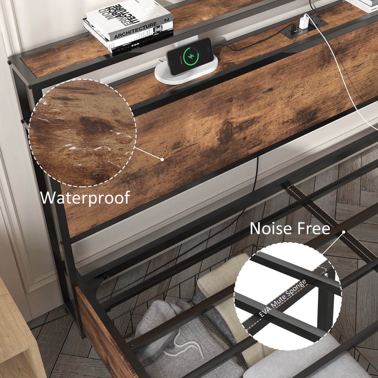 Lifezone Queen Bed Frame with Headboard Platform Bed with Charging Station & LED, 4 Storage Drawers, Metal Support, Vintage Brown