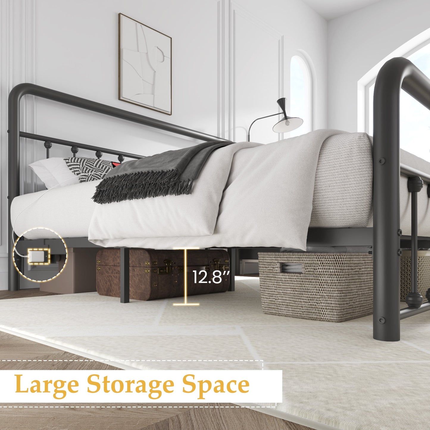 Lifezone Full Bed Frame, Classic Metal Platform Bed Frame, with Charging Station and LED, No Need for Springs, Black