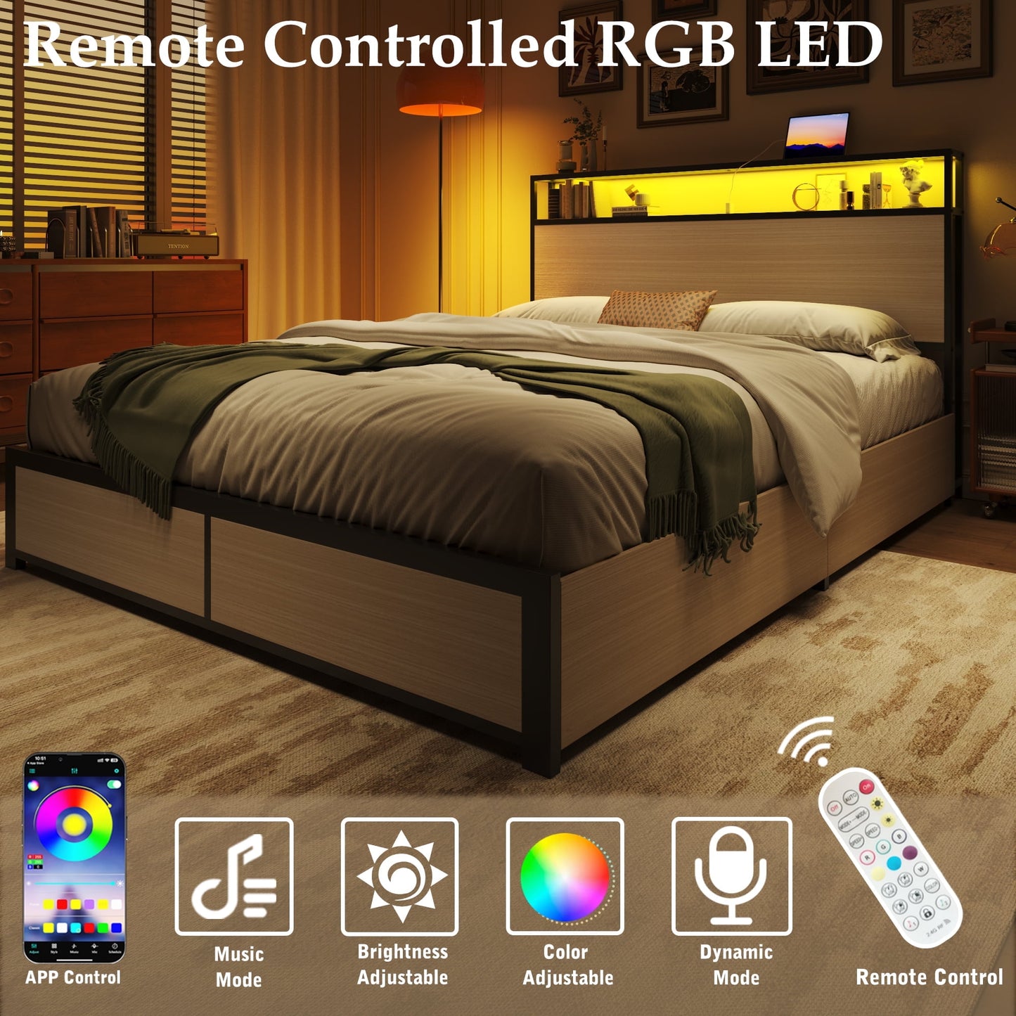 Lifezone Full Bed Frame with 2-Tier Storage Headboard, USB Port and LED Light, 4 Storage Drawers, Begie