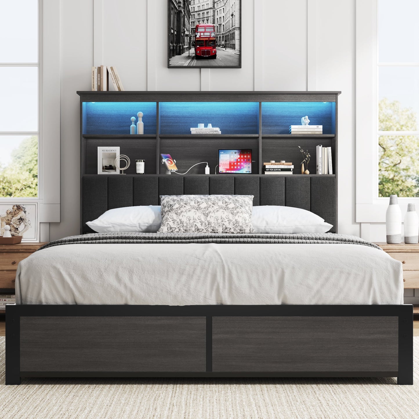 Lifezone Bookcase Beds Queen Bed Frame with Wooden Platform, Rustic Grey